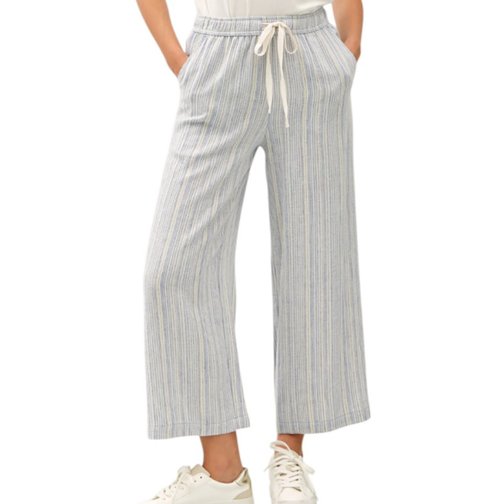 Denim Striped Linen Blend Wide Leg Cropped Pants