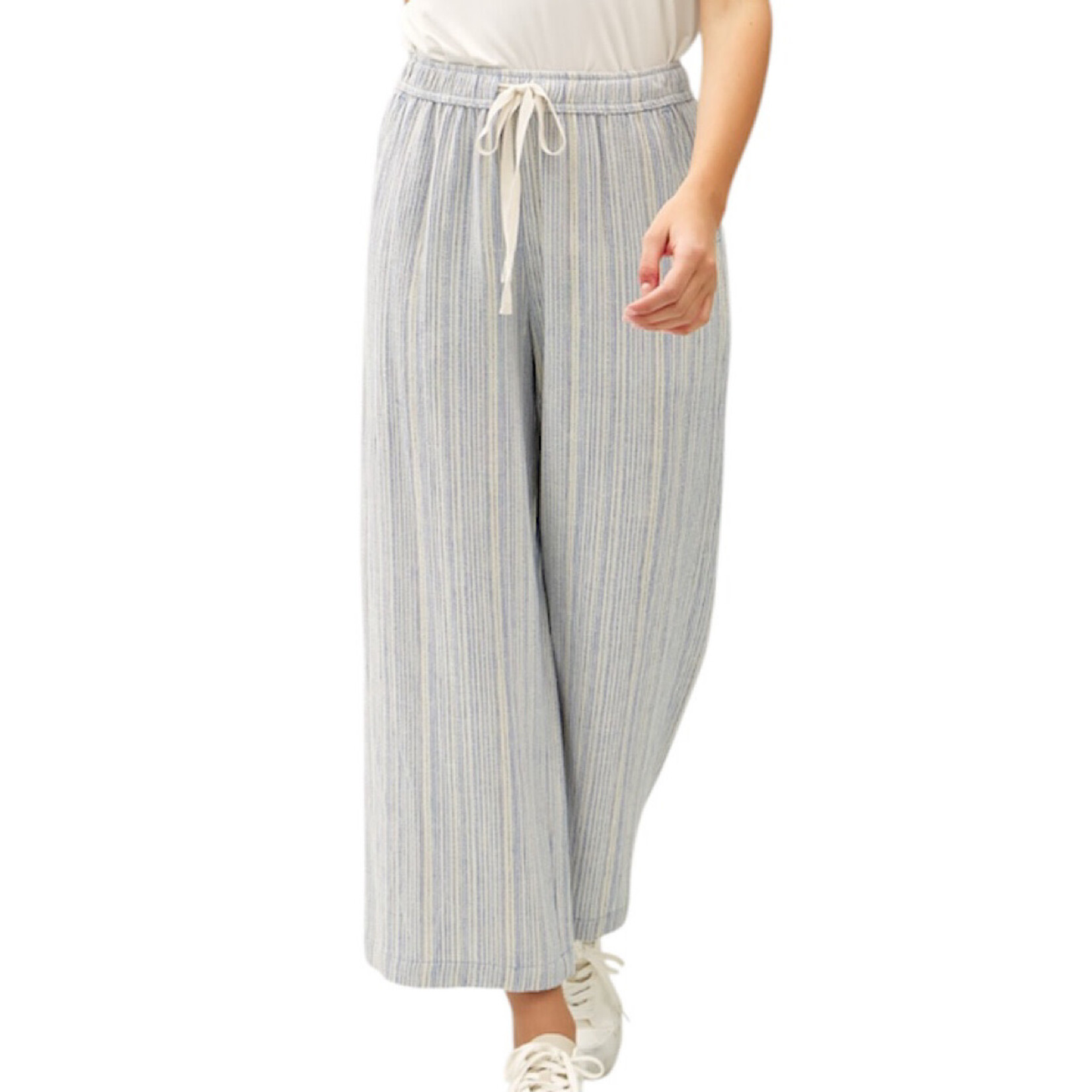 Denim Striped Linen Blend Wide Leg Cropped Pants