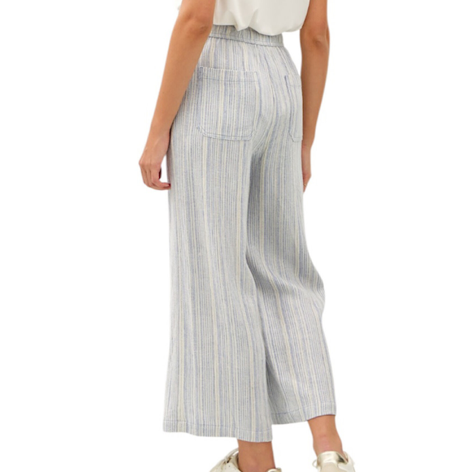 Denim Striped Linen Blend Wide Leg Cropped Pants
