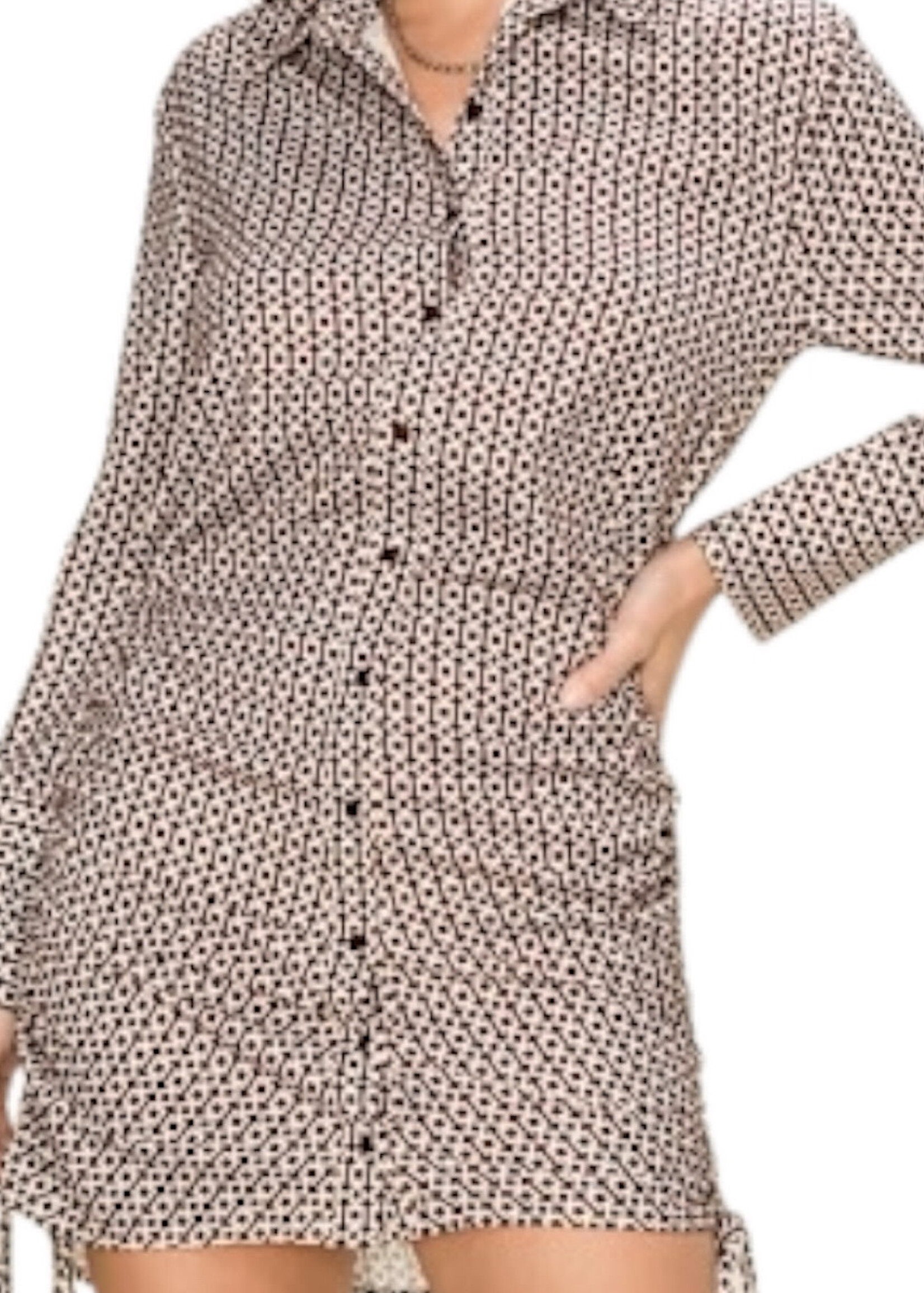 Brown Geometric Print Shirt Dress