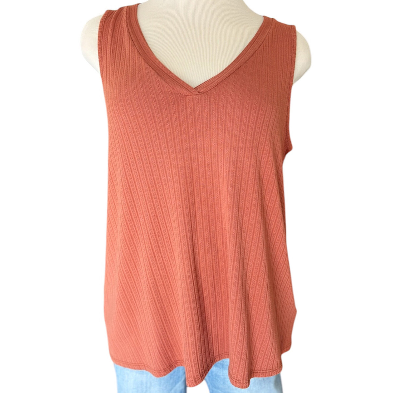 Baked Clay Ribbed Detail V-Neck Tank