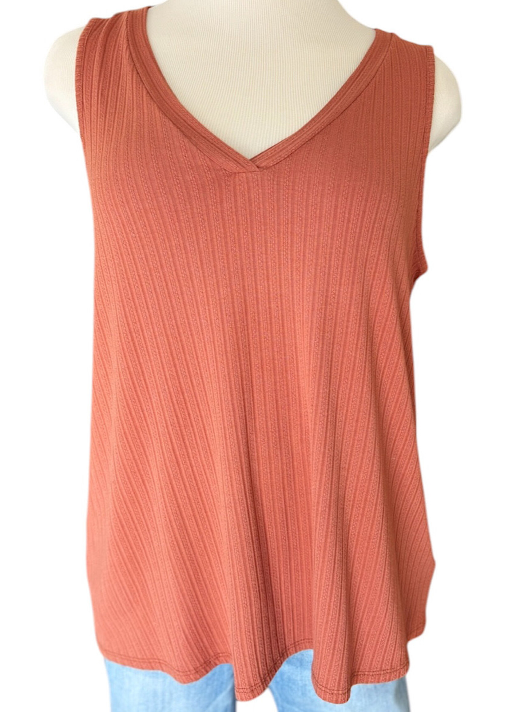 Baked Clay Ribbed Detail V-Neck Tank