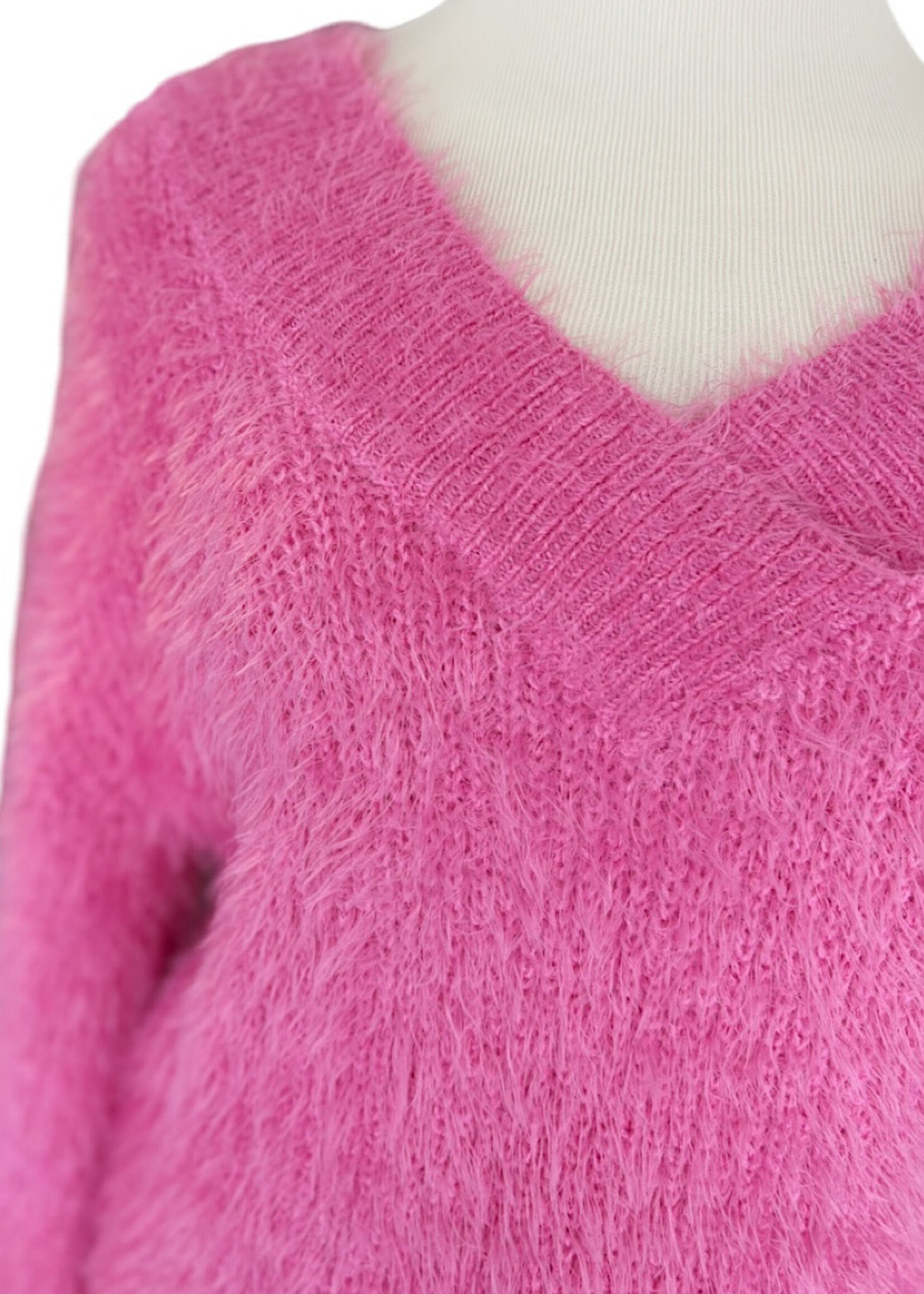 Hot Pink V-Neck Balloon Sleeve Sweater