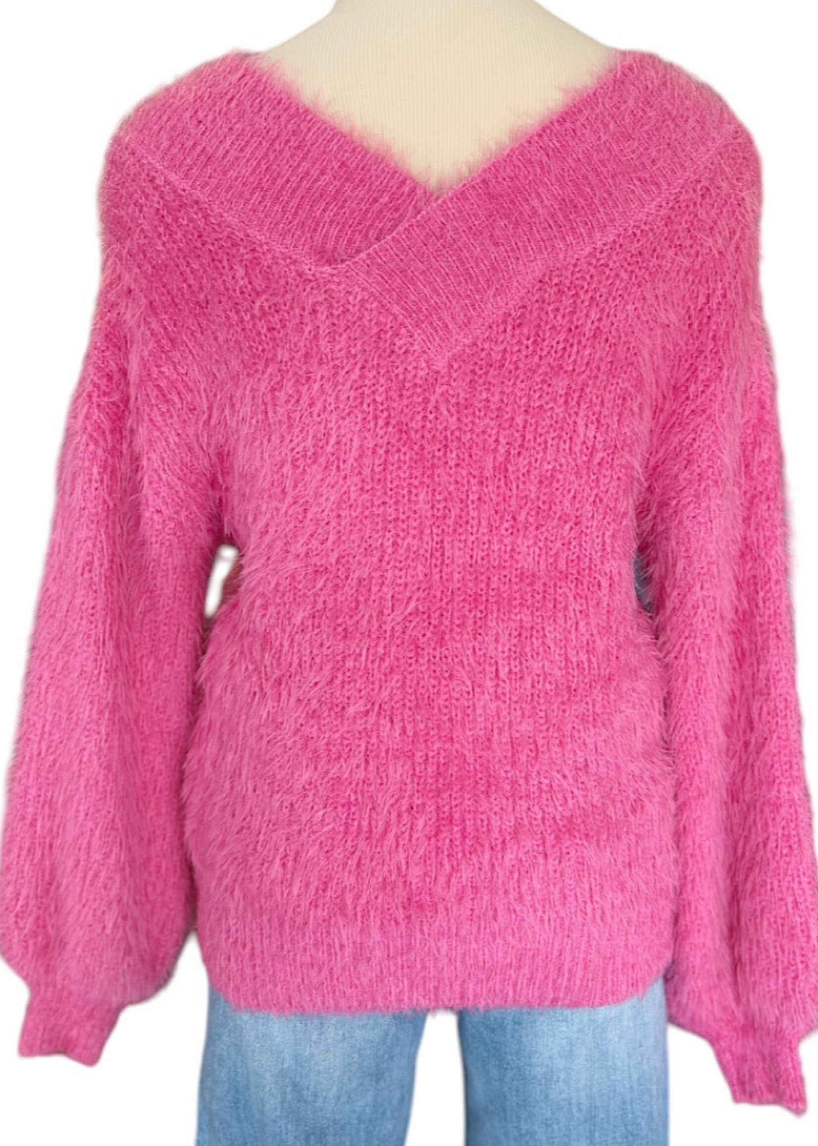 Hot Pink V-Neck Balloon Sleeve Sweater