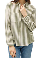Chive Striped Gauze Button Up Top with Chest Pocket