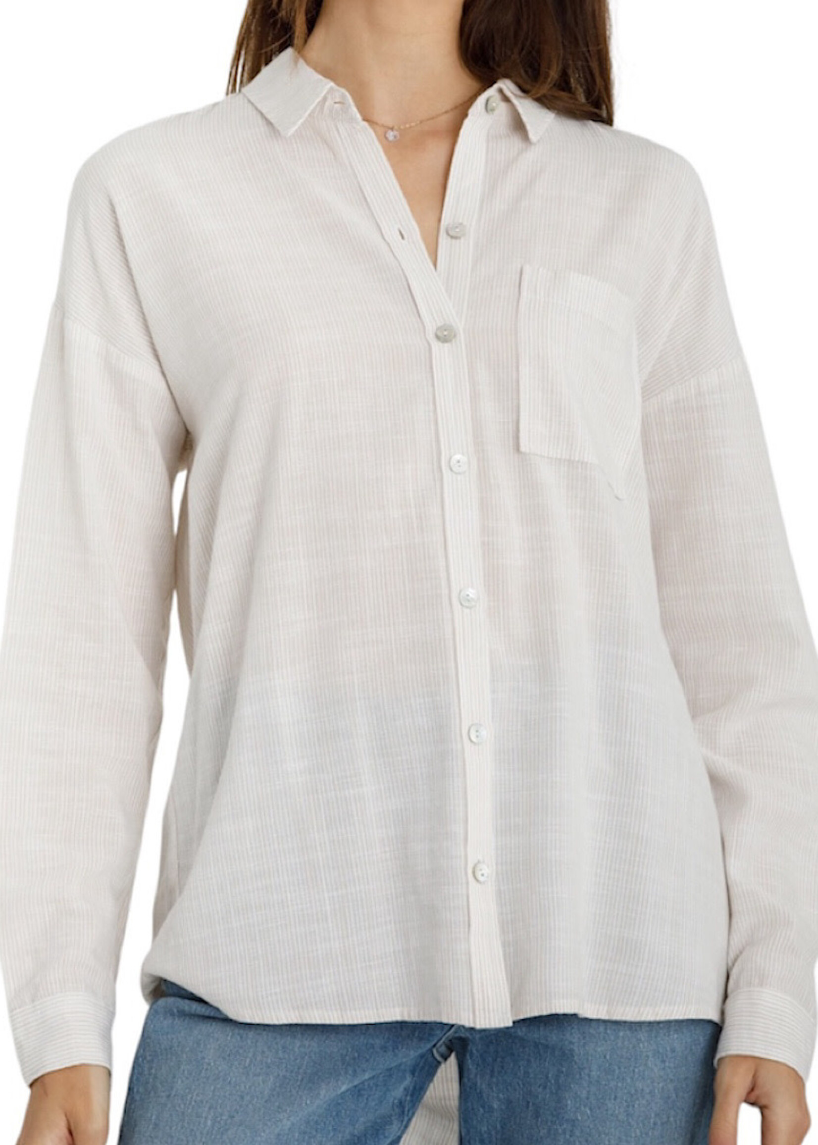 Light Taupe Striped Button Down with Drop Shoulders