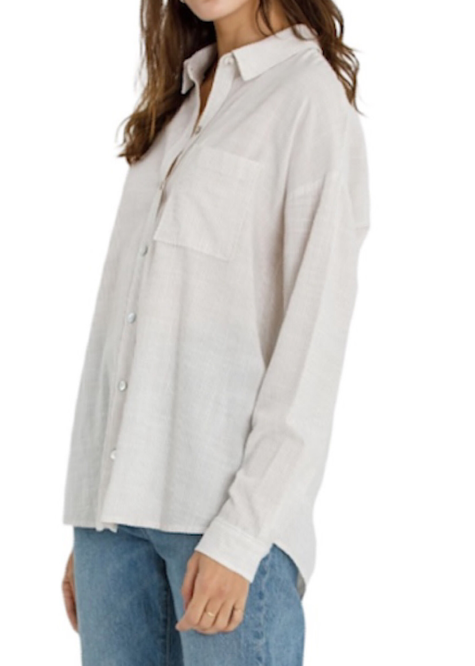 Light Taupe Striped Button Down with Drop Shoulders