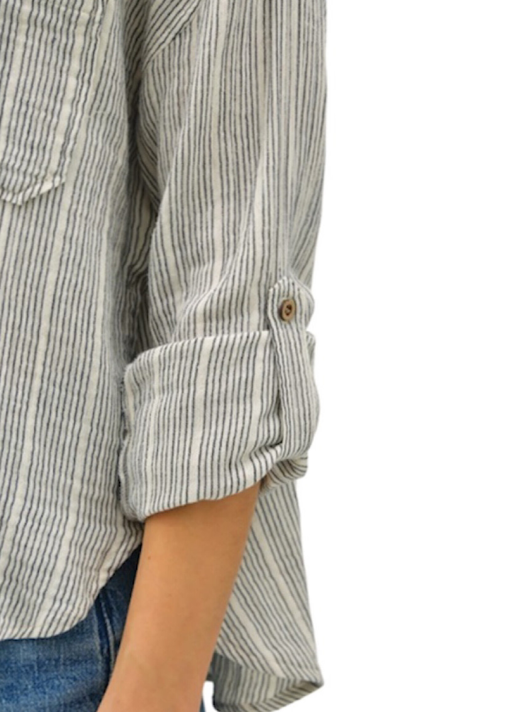 Charcoal Gauze Button Up Top with Roll Up Sleeves