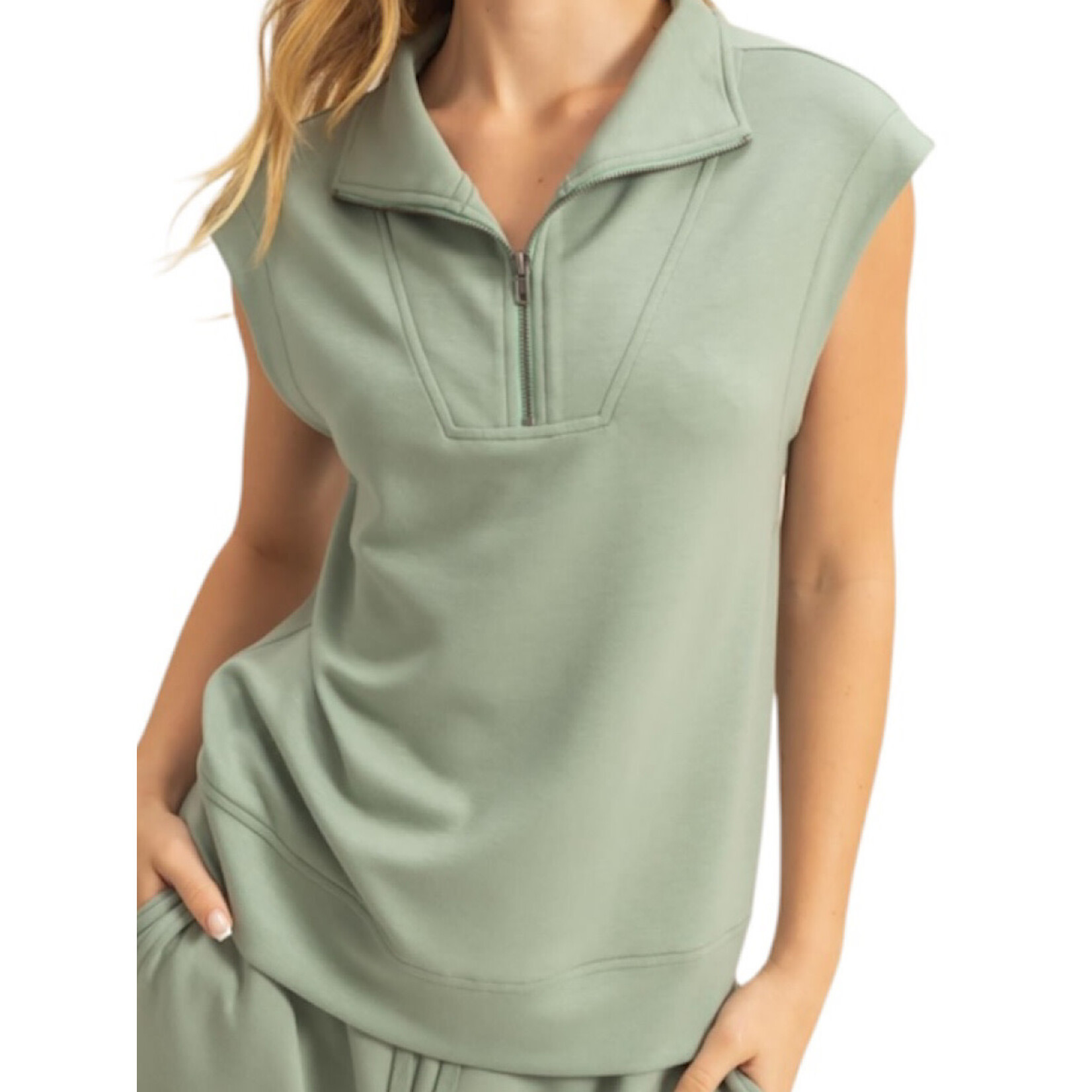 Sage Green Mock Neck Half Zip Up Sleeveless Top