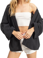 Black Double Gauze Open Front Cardigan with Pockets