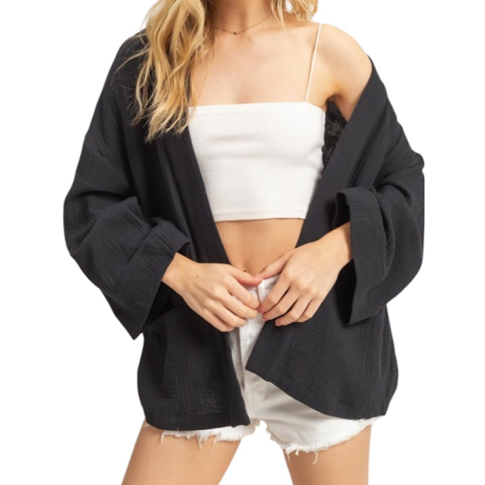 Black Double Gauze Open Front Cardigan with Pockets