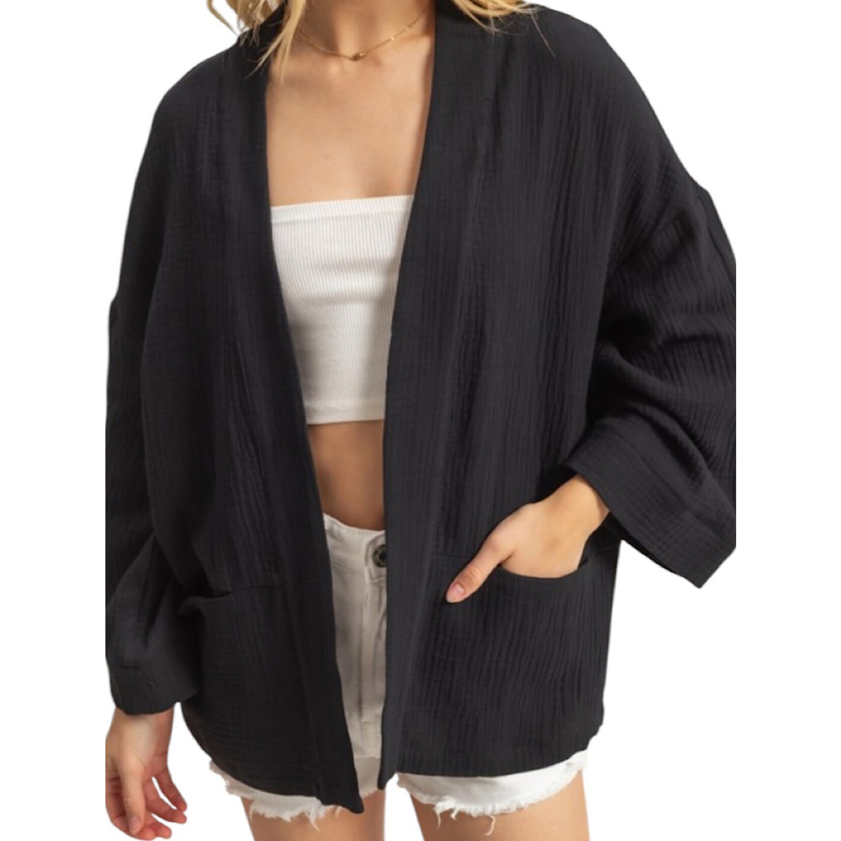 Black Double Gauze Open Front Cardigan with Pockets