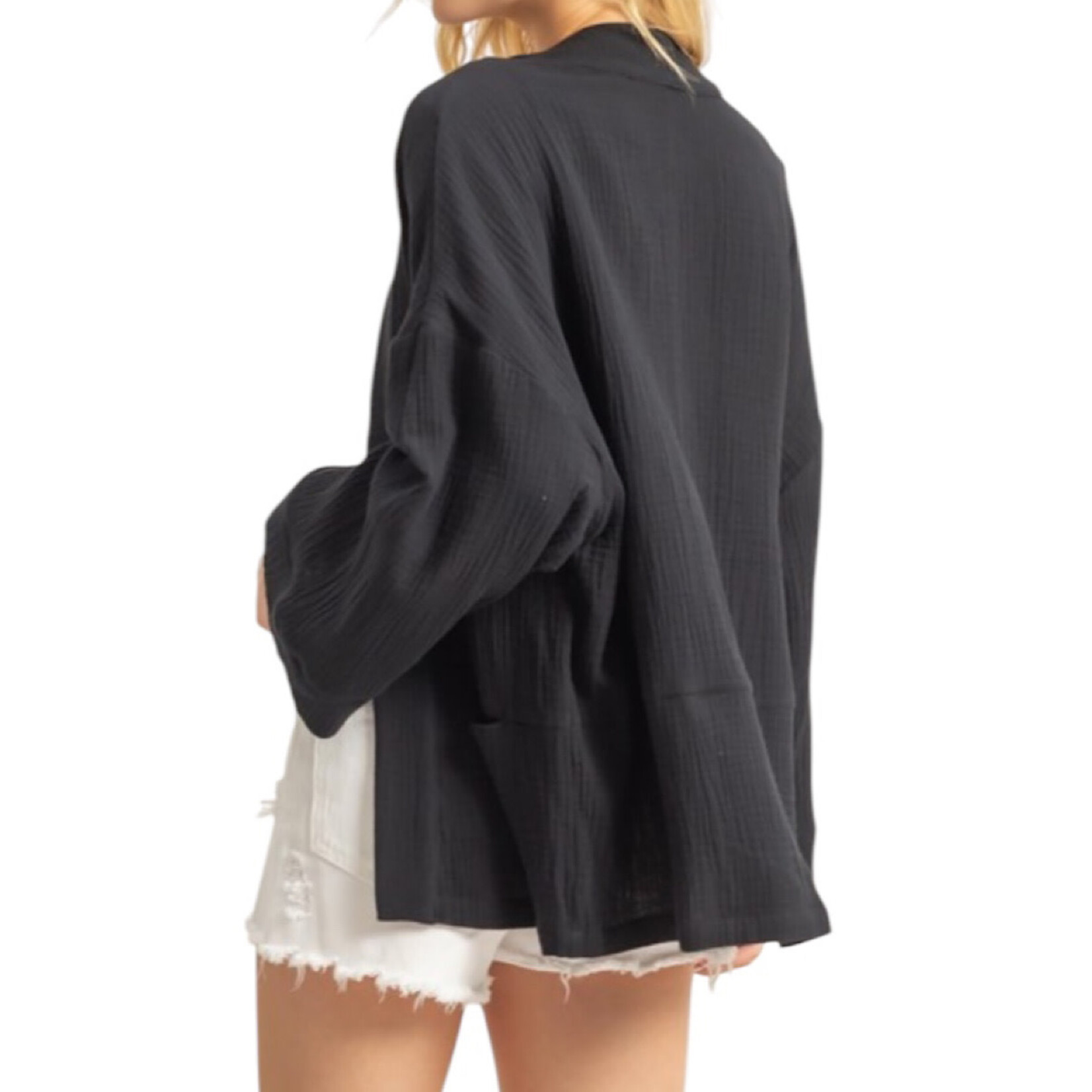 Black Double Gauze Open Front Cardigan with Pockets