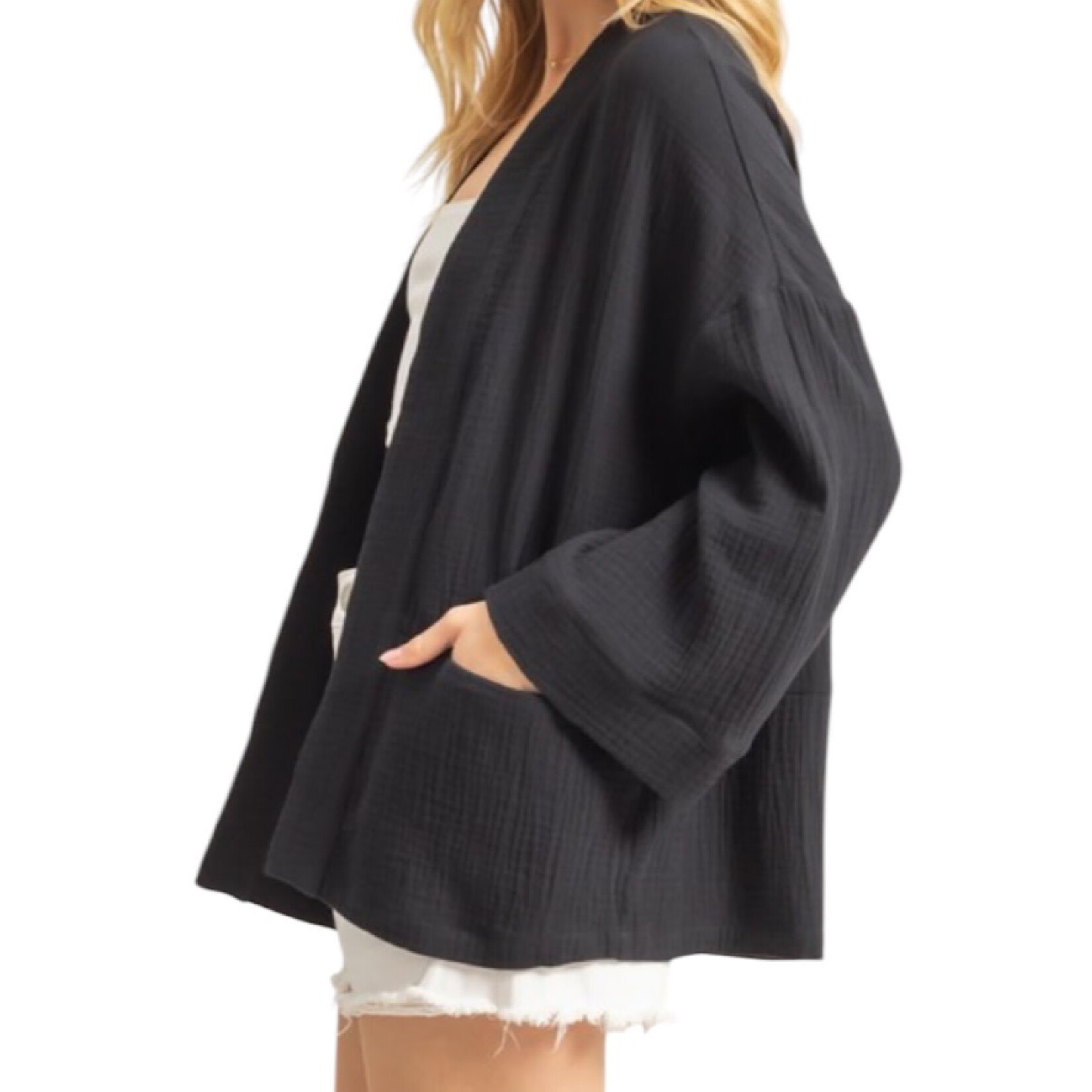 Black Double Gauze Open Front Cardigan with Pockets