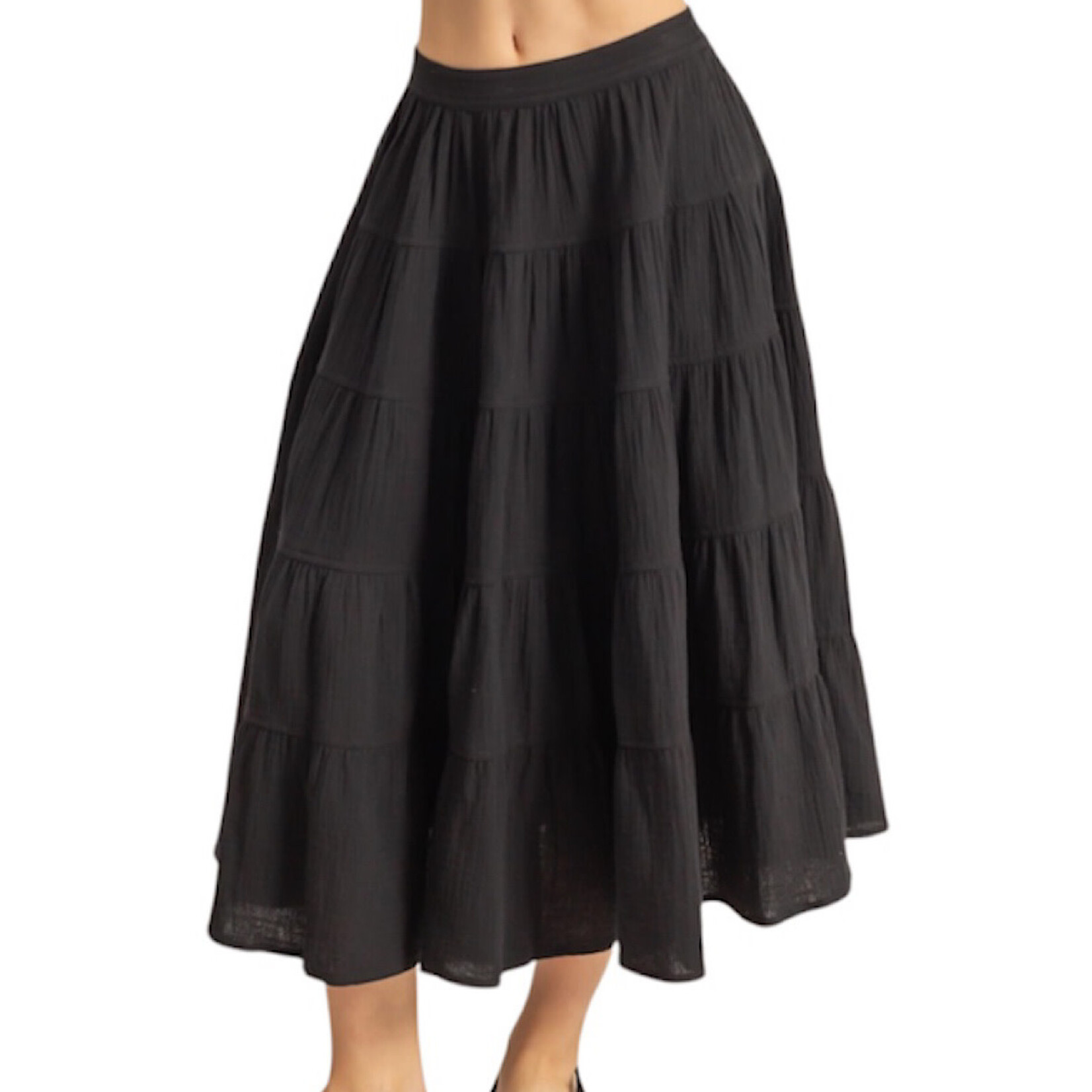 Black Double Gauze H/W Tiered Maxi Skirt