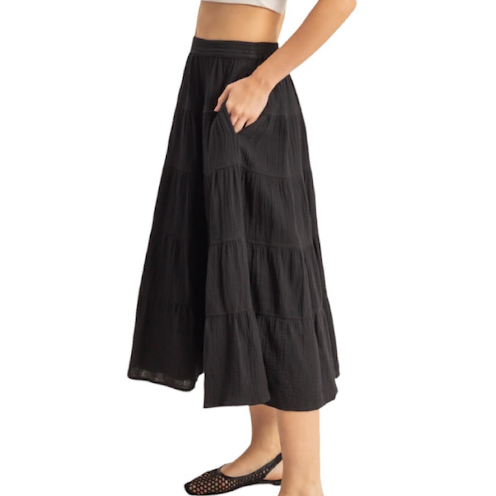 Black Double Gauze H/W Tiered Maxi Skirt