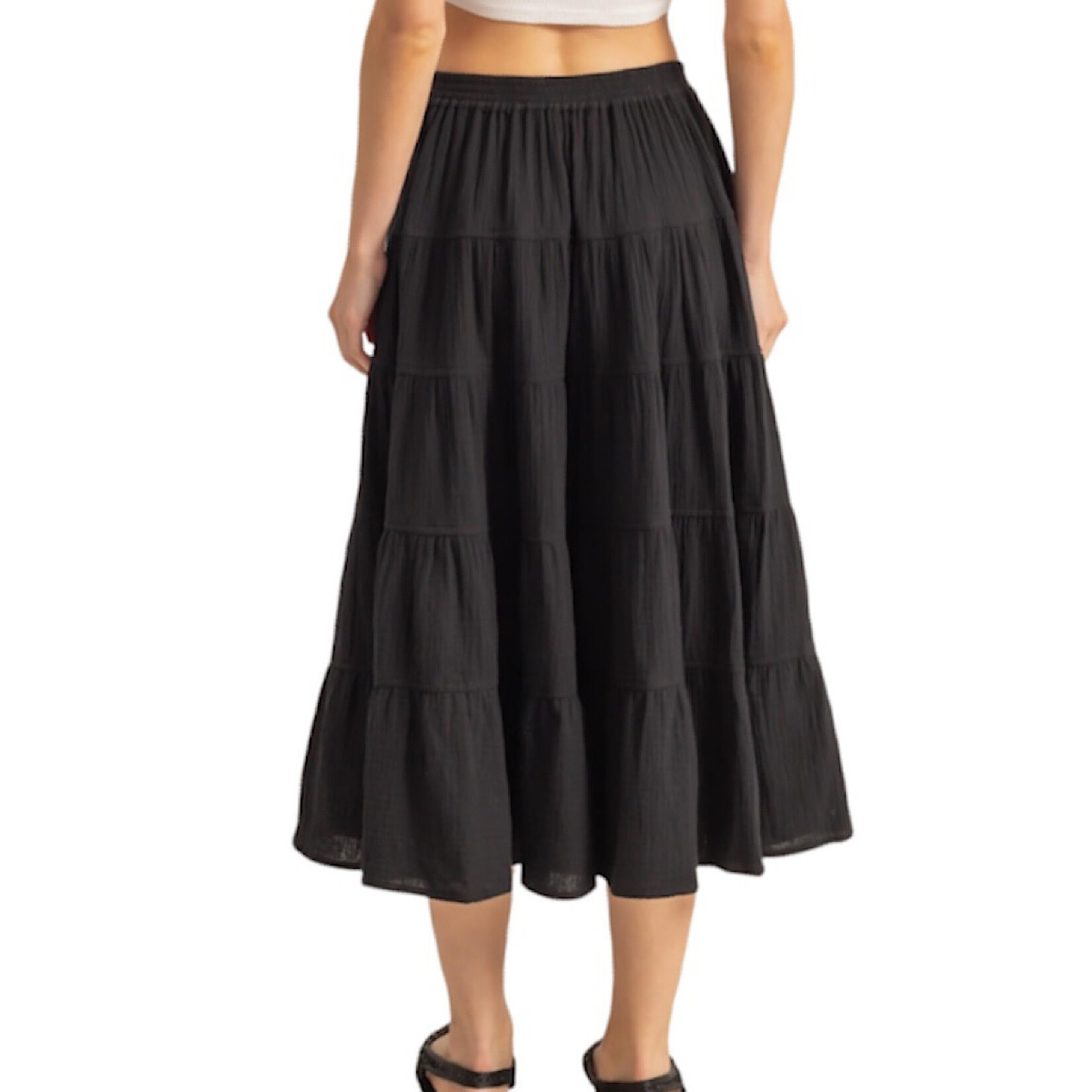 Black Double Gauze H/W Tiered Maxi Skirt