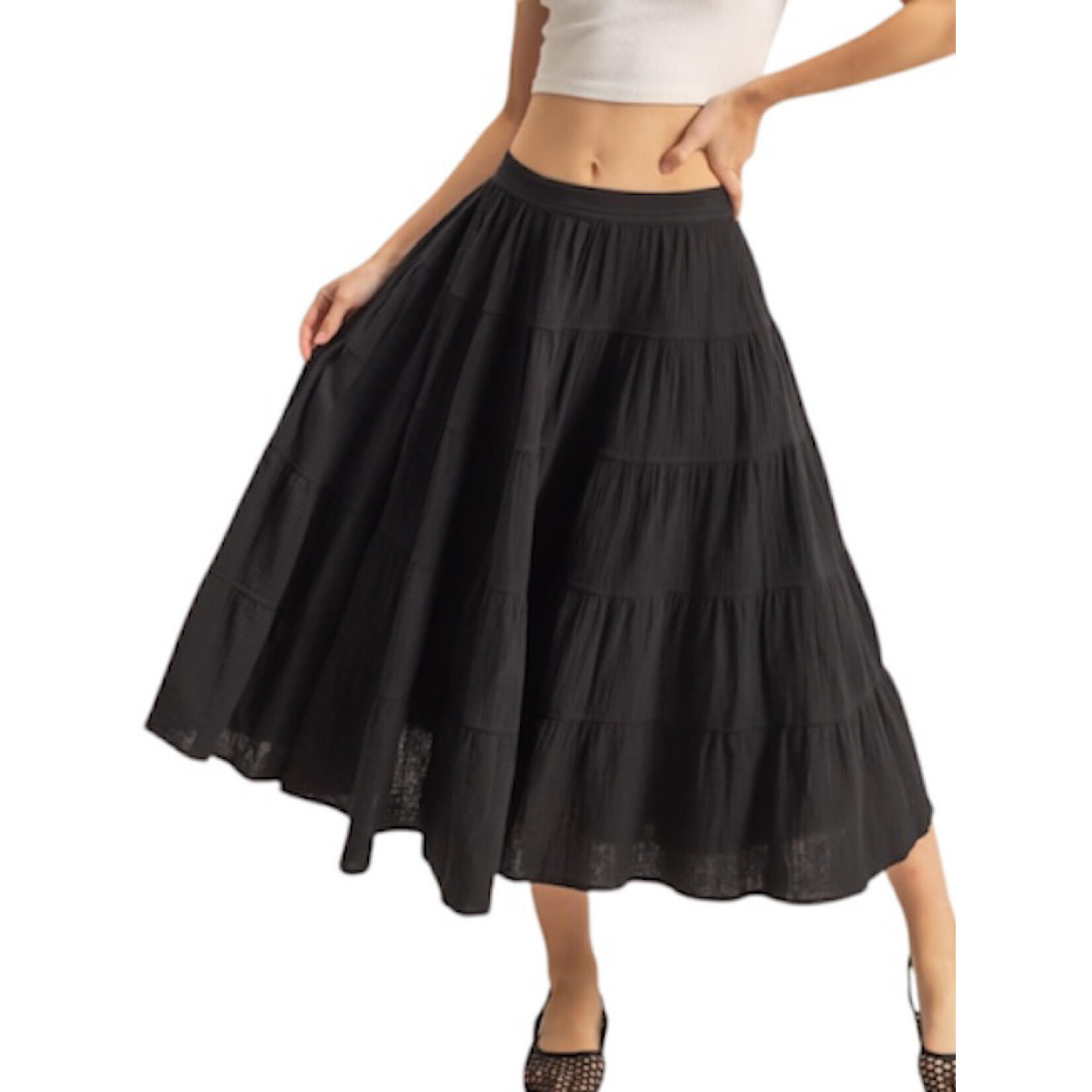 Black Double Gauze H/W Tiered Maxi Skirt