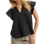 Black Double Gauze V-Neck Cap Sleeve Top