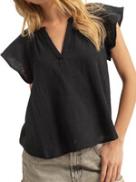 Black Double Gauze V-Neck Cap Sleeve Top