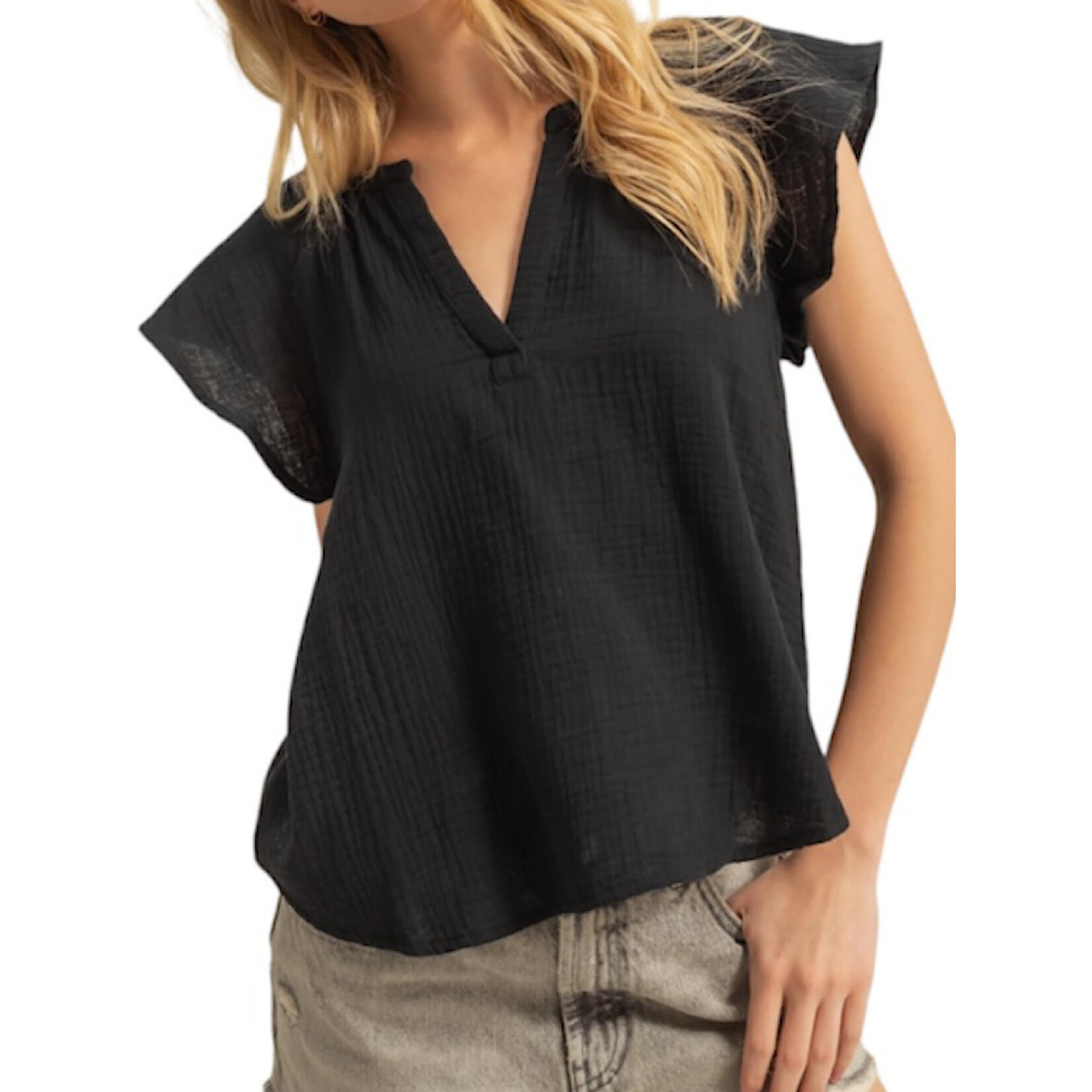 Black Double Gauze V-Neck Cap Sleeve Top