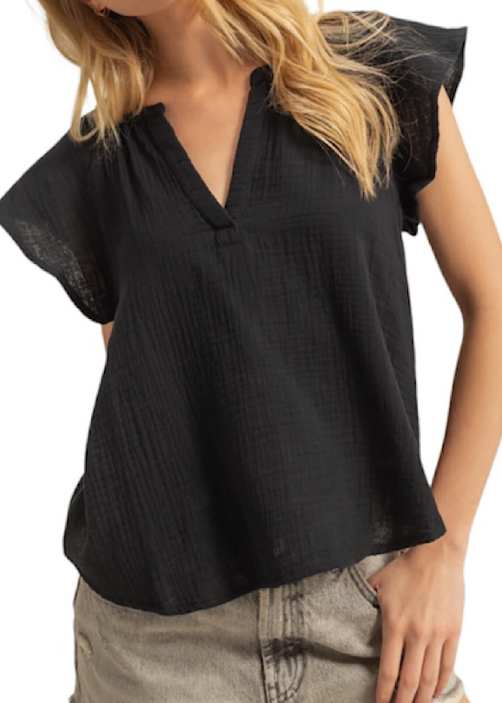 Black Double Gauze V-Neck Cap Sleeve Top