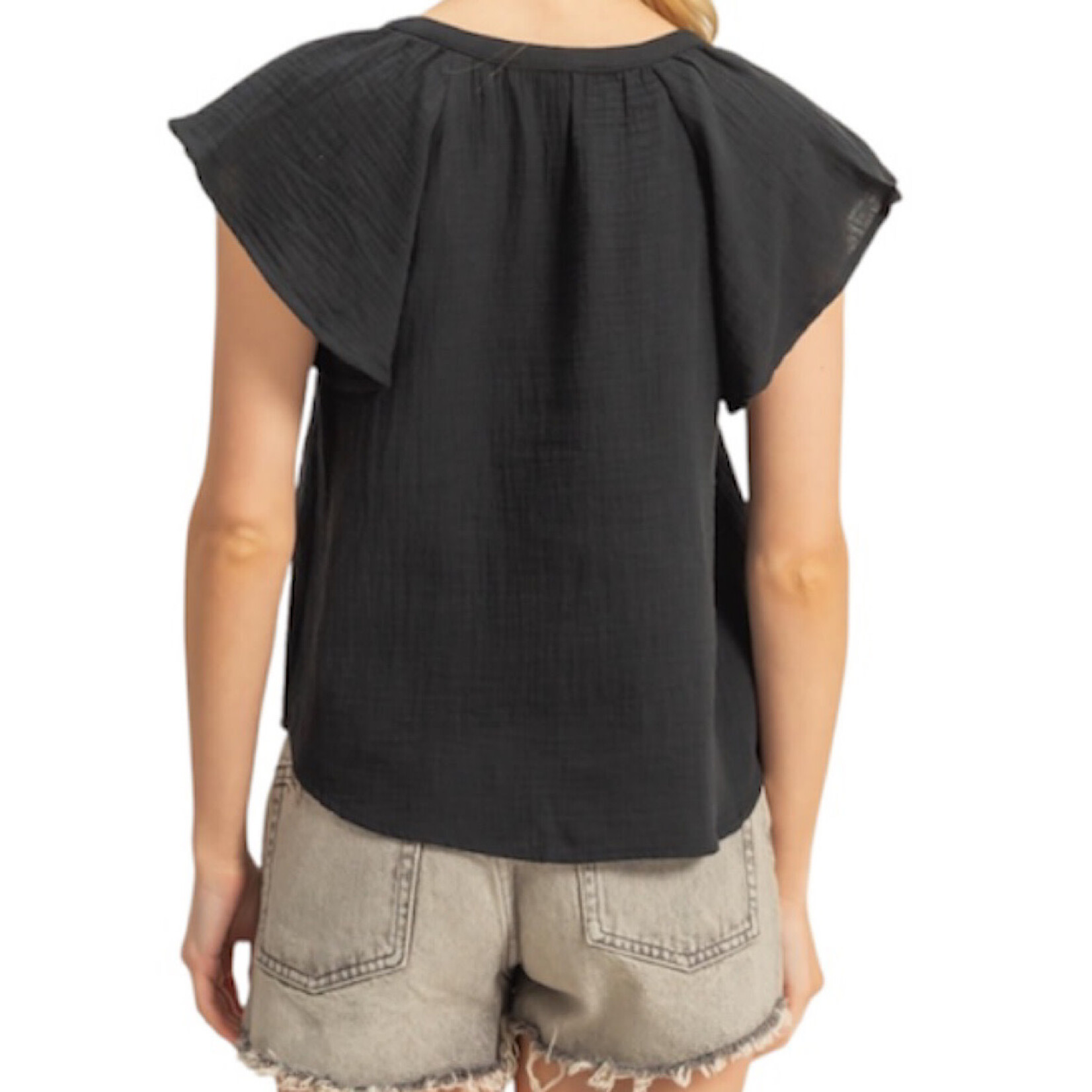 Black Double Gauze V-Neck Cap Sleeve Top