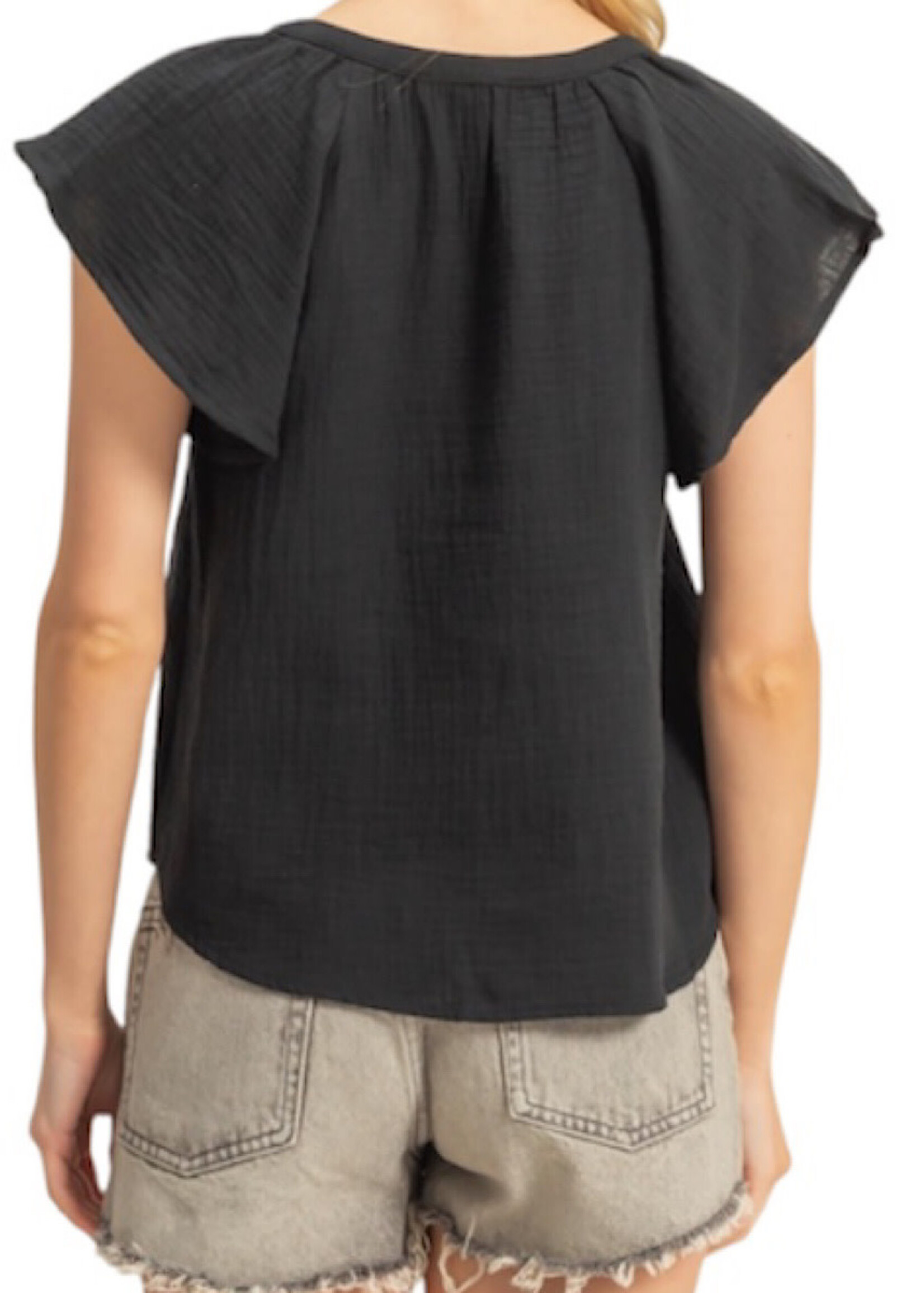 Black Double Gauze V-Neck Cap Sleeve Top