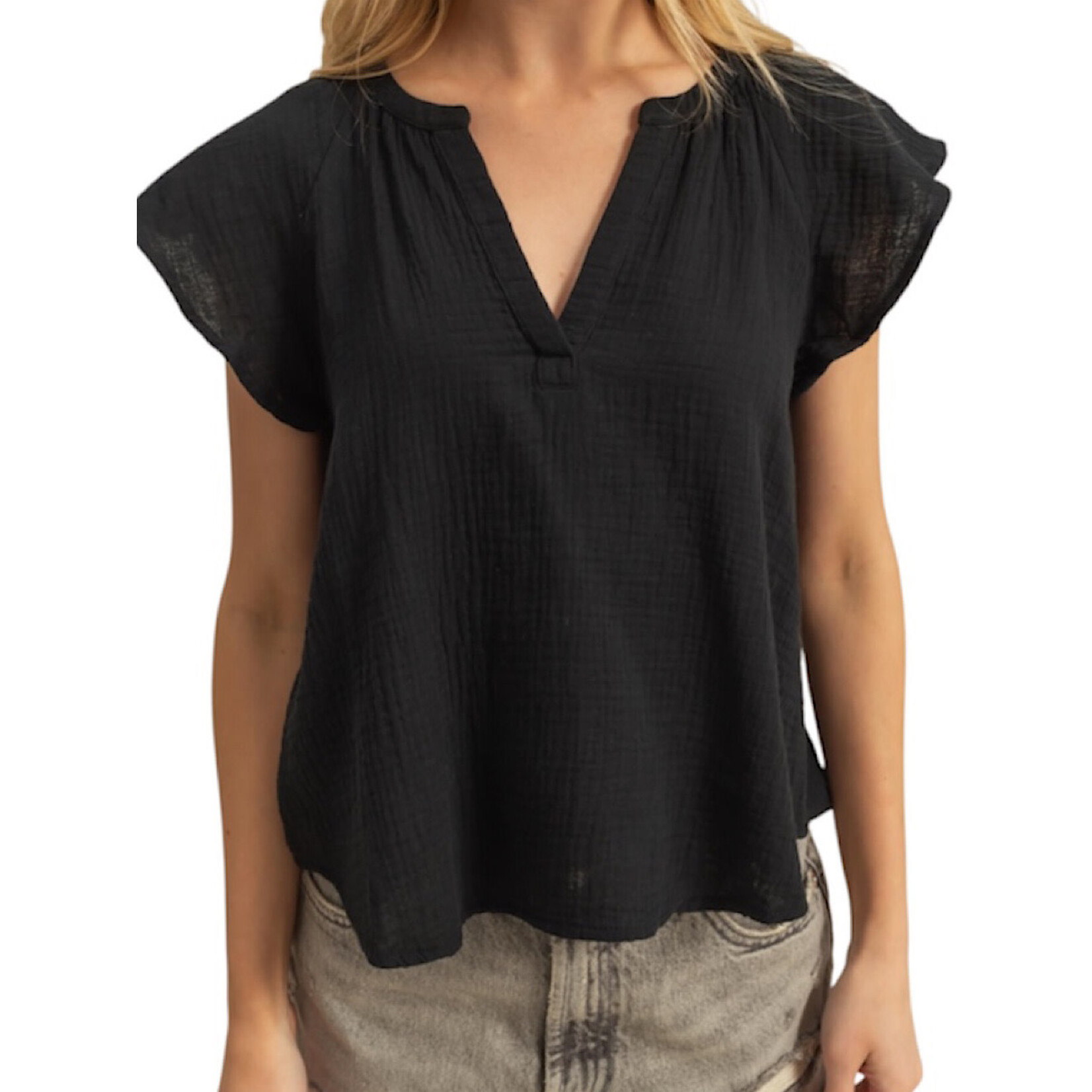 Black Double Gauze V-Neck Cap Sleeve Top