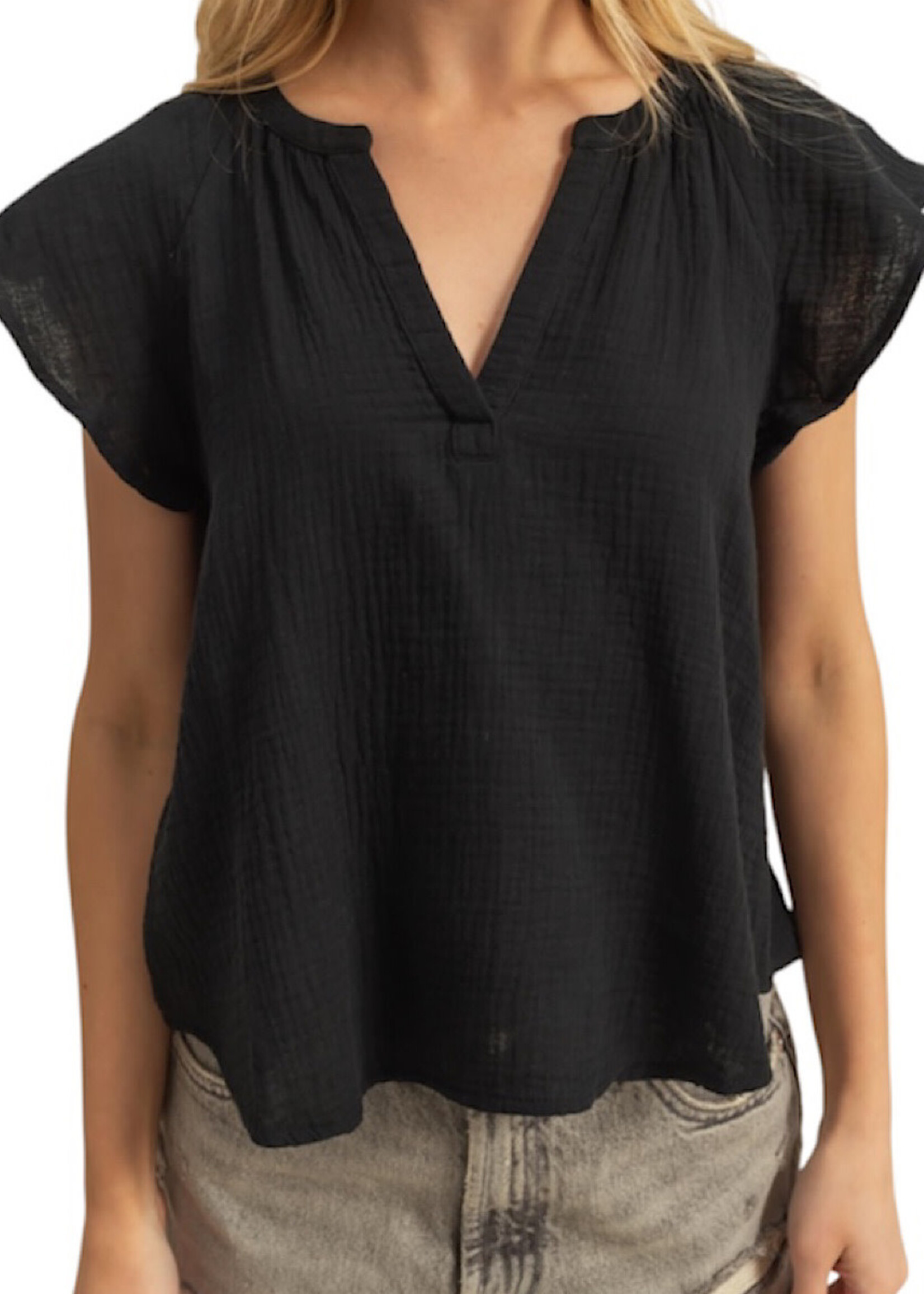 Black Double Gauze V-Neck Cap Sleeve Top