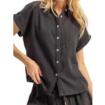 Black Double Gauze Button Down Short Sleeve Shirt