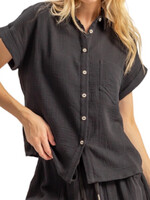 Black Double Gauze Button Down Short Sleeve Shirt