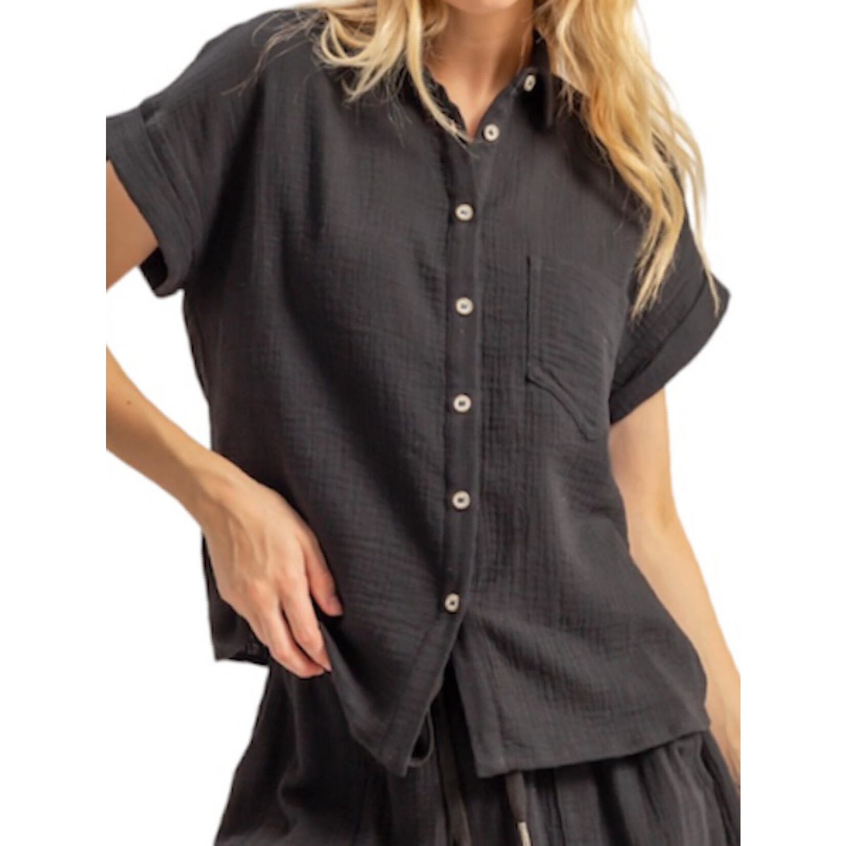Black Double Gauze Button Down Short Sleeve Shirt