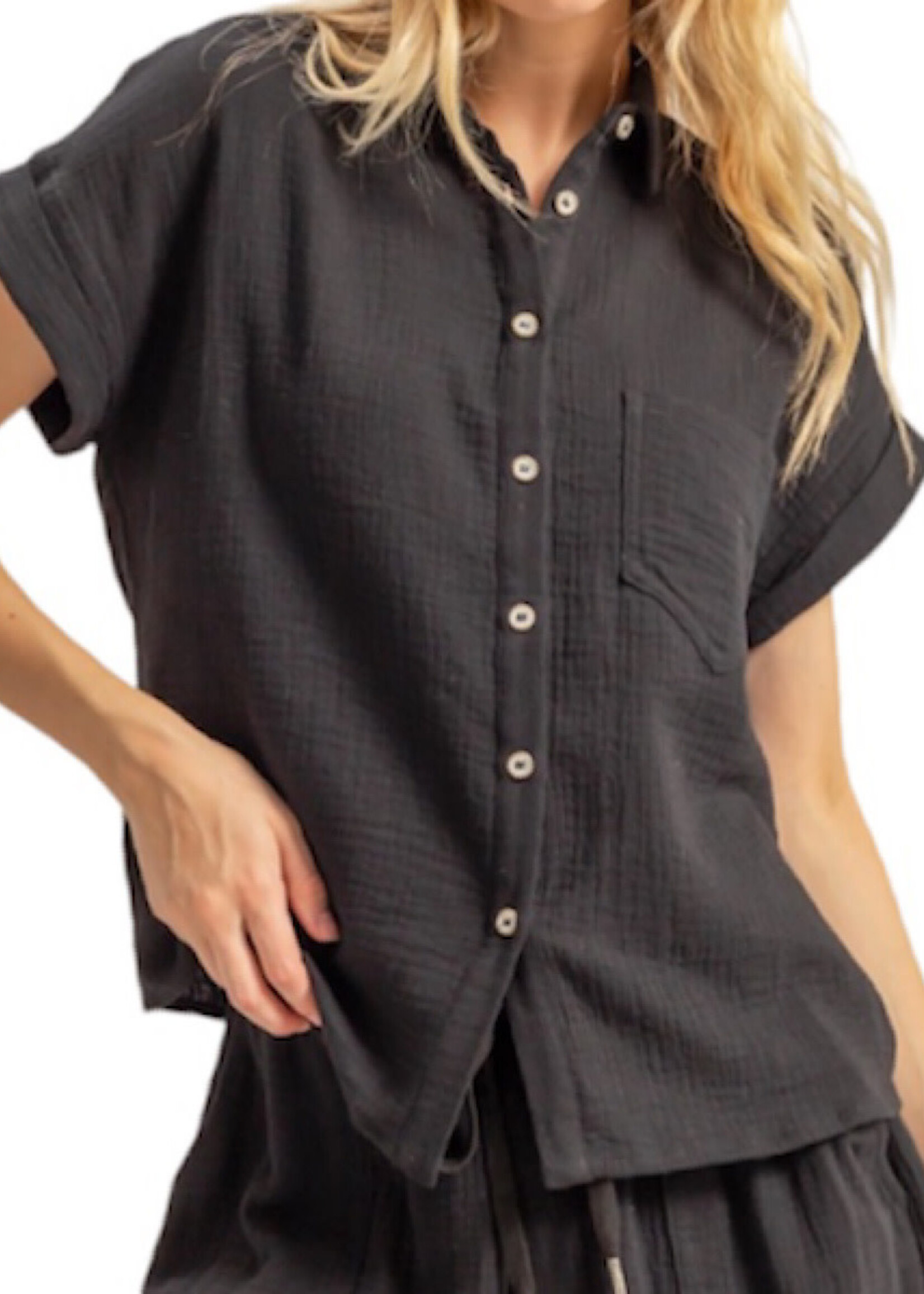Black Double Gauze Button Down Short Sleeve Shirt