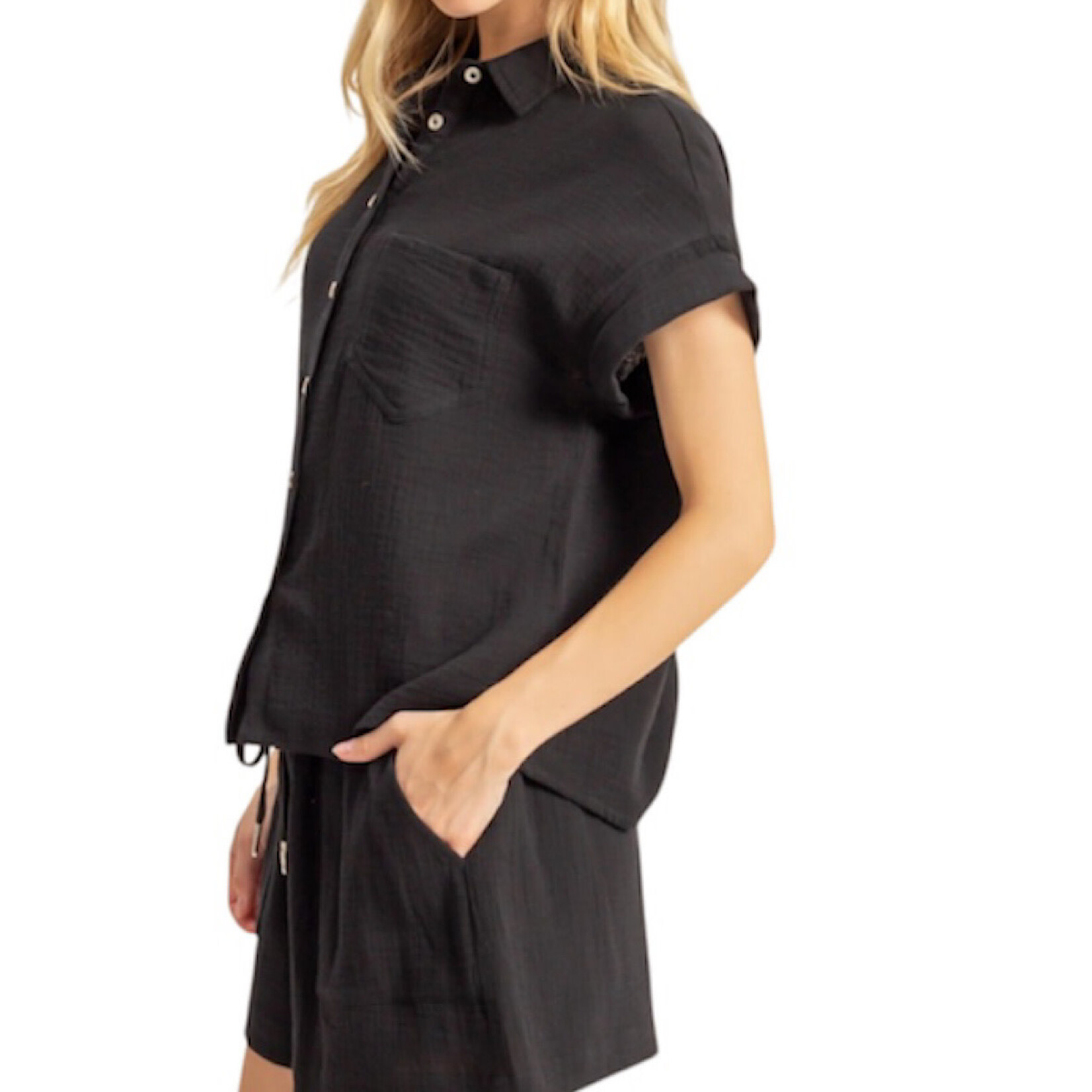 Black Double Gauze Button Down Short Sleeve Shirt