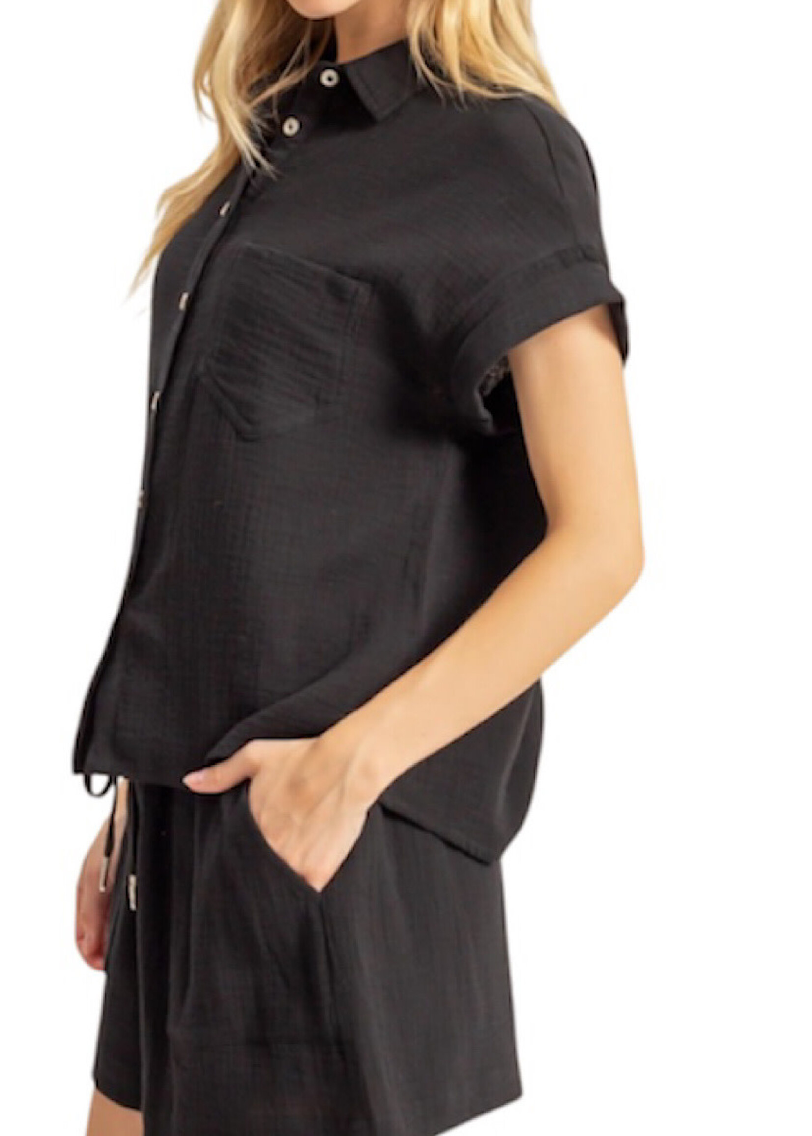 Black Double Gauze Button Down Short Sleeve Shirt