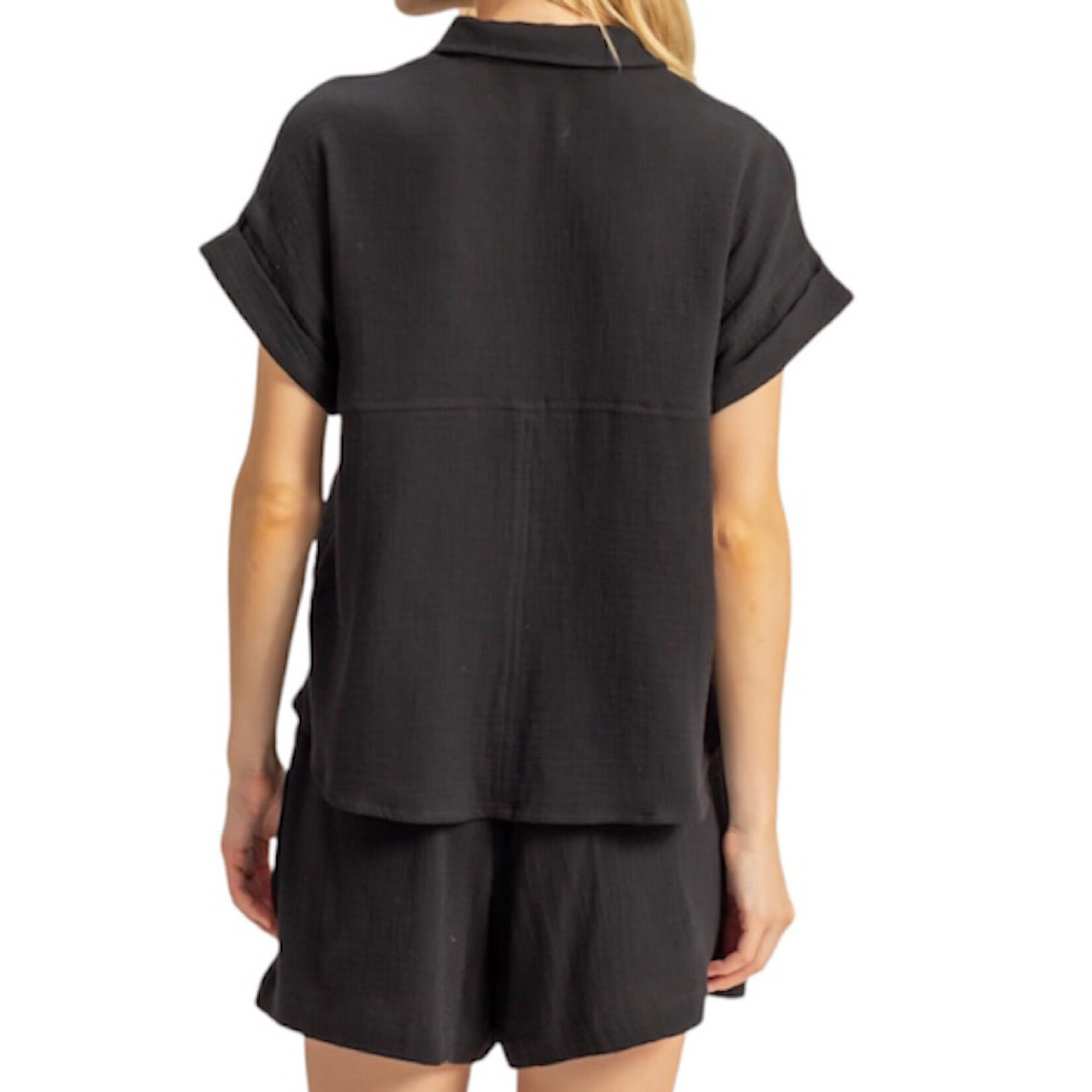 Black Double Gauze Button Down Short Sleeve Shirt