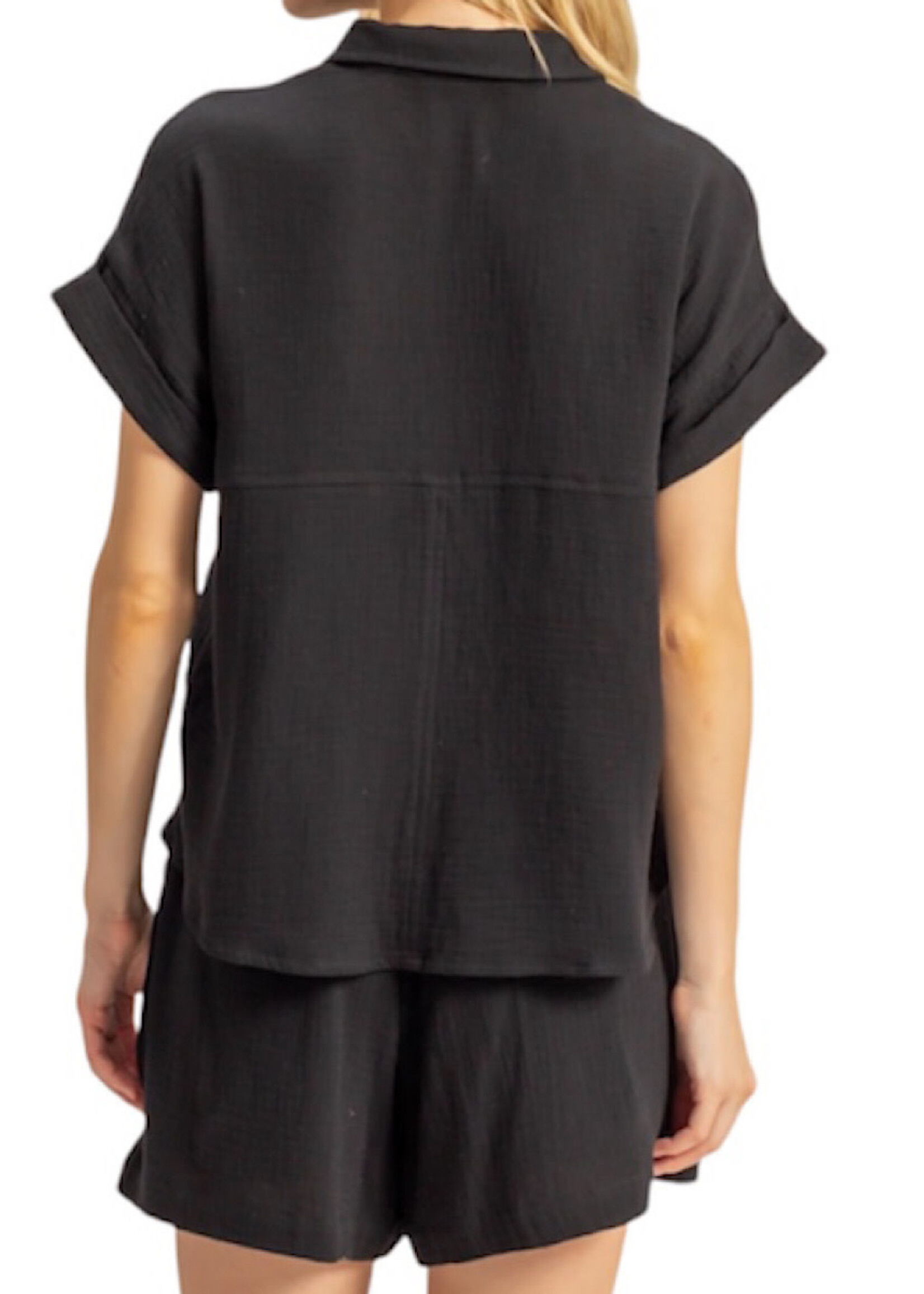 Black Double Gauze Button Down Short Sleeve Shirt
