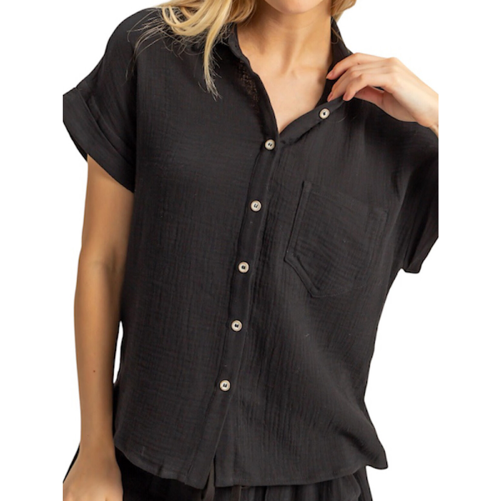 Black Double Gauze Button Down Short Sleeve Shirt