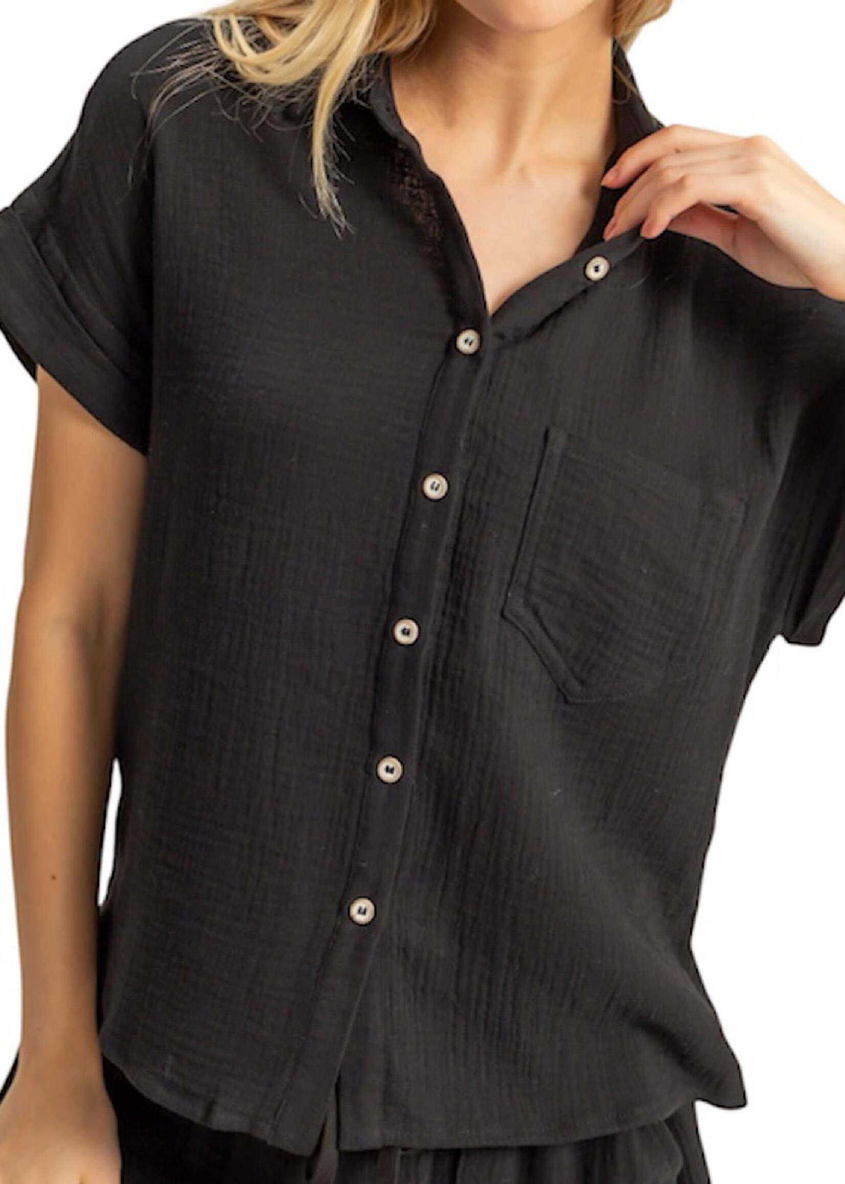 Black Double Gauze Button Down Short Sleeve Shirt