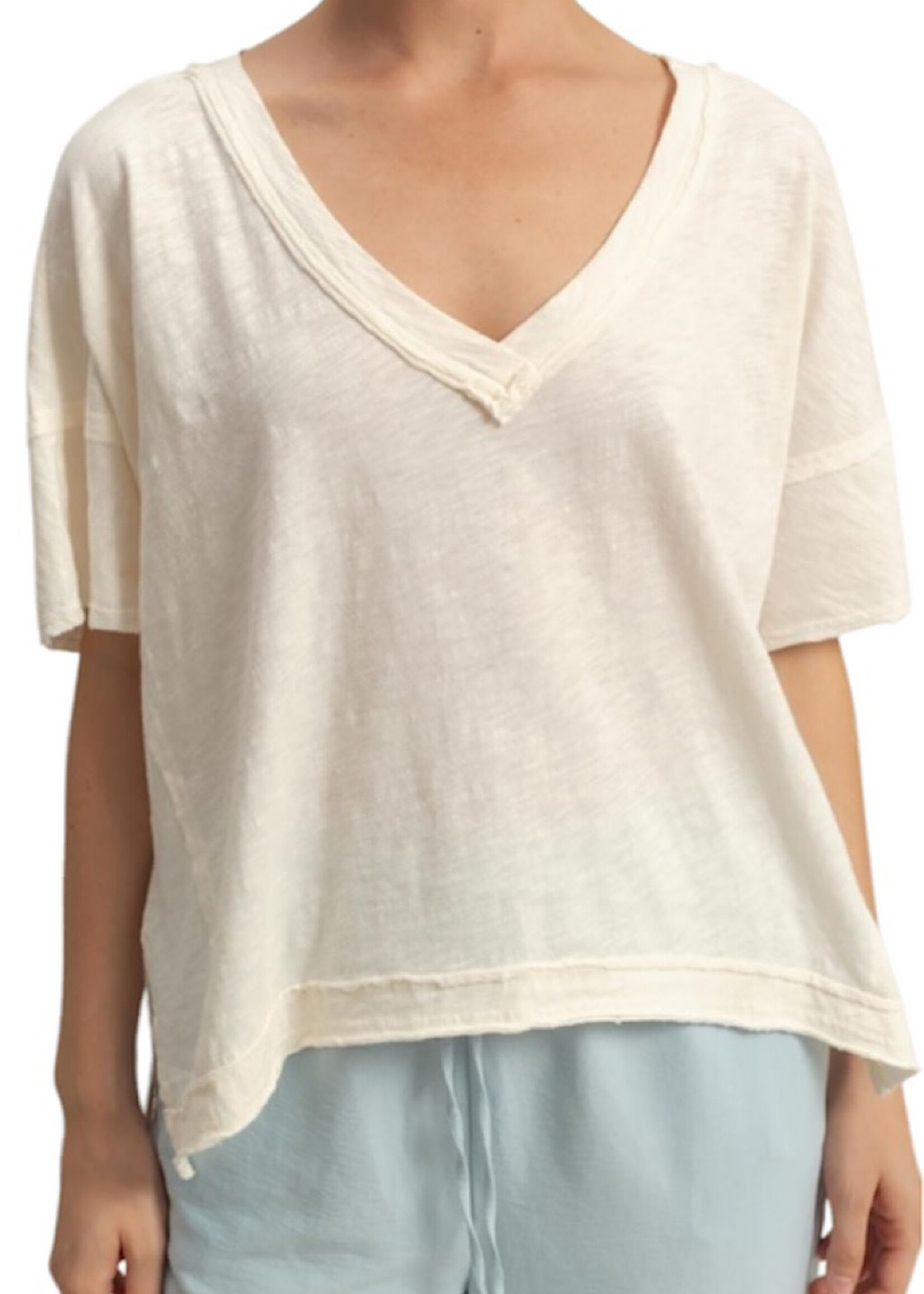 Whip Cream V-Neck Raw Edge Oversized T-Shirt