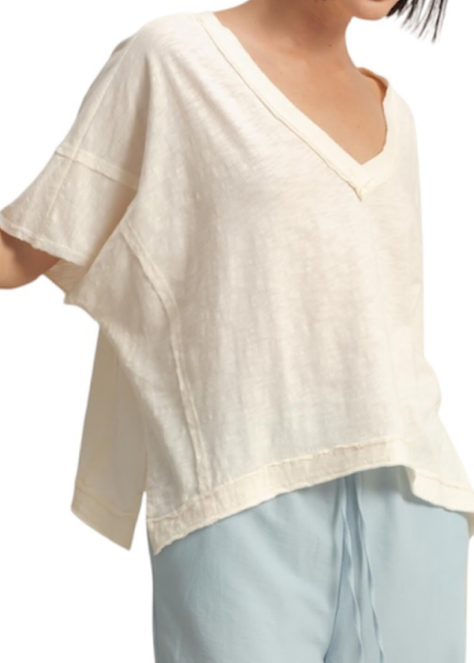 Whip Cream V-Neck Raw Edge Oversized T-Shirt