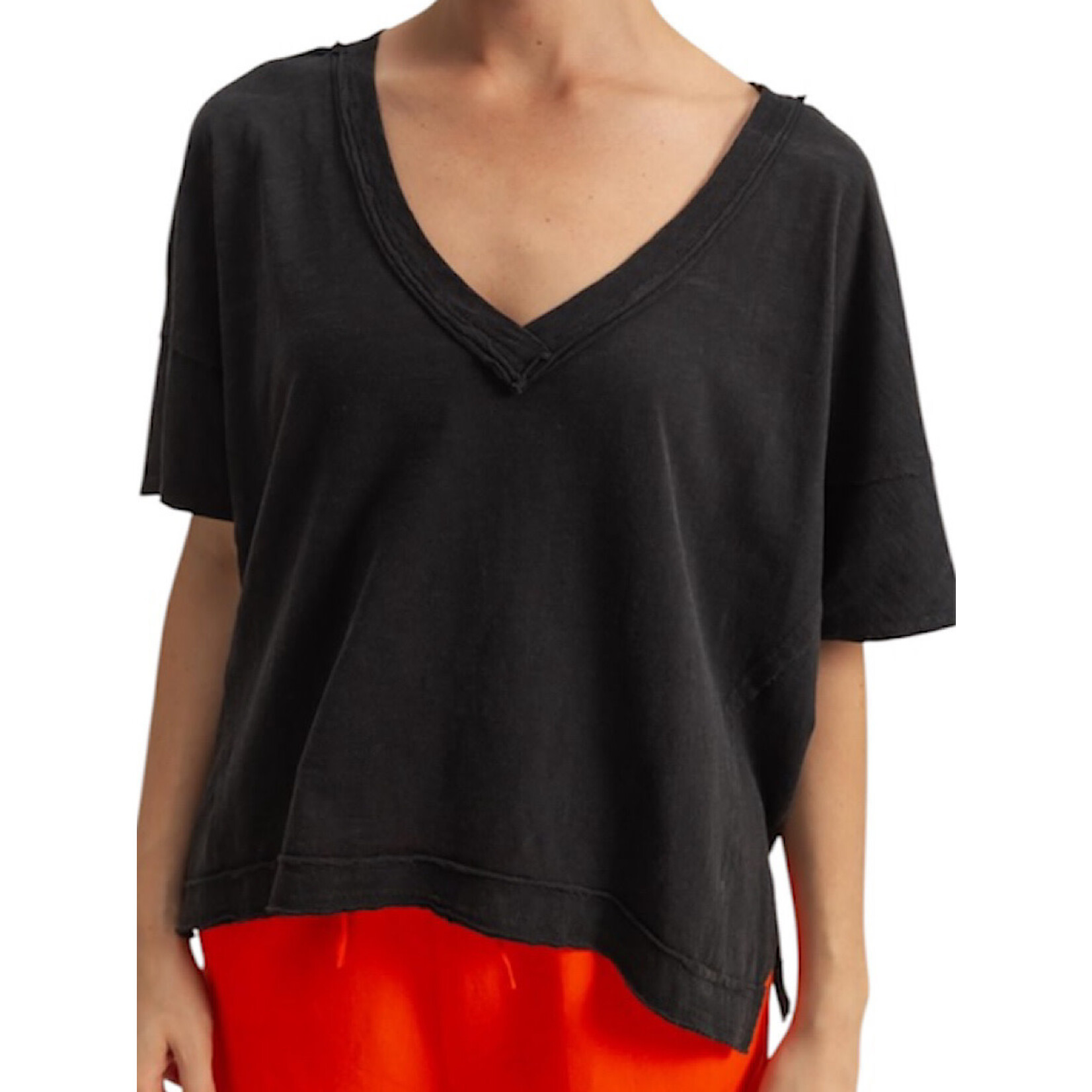 Black V-Neck Raw Edge Oversized T-Shirt