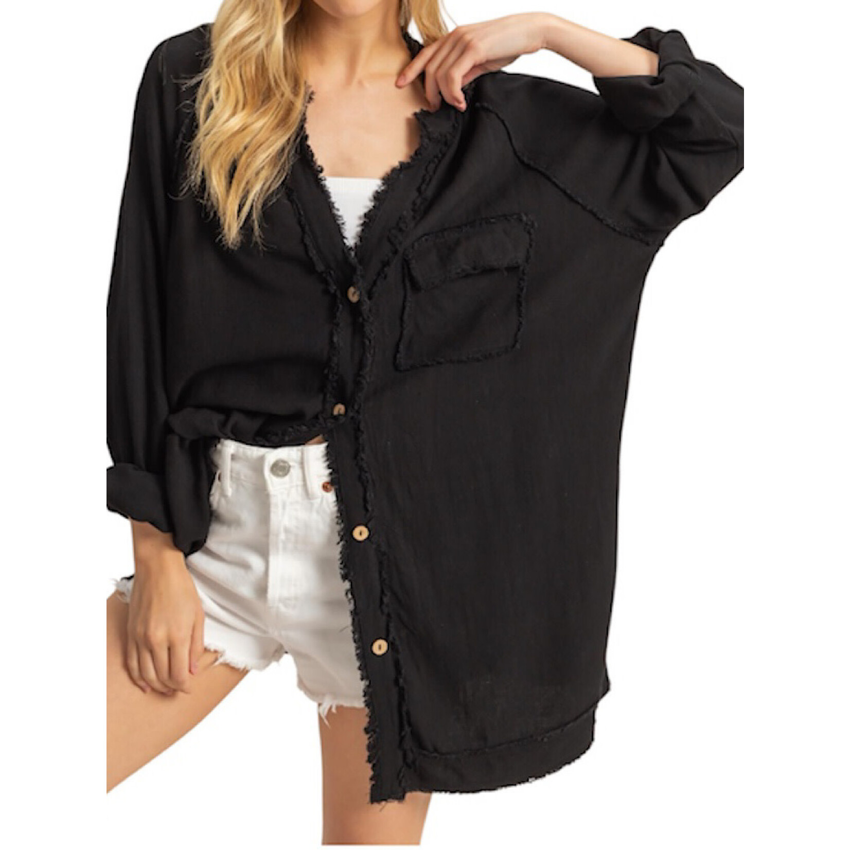 Black Double Gauze Raw Edge V-Neck Tunic Top