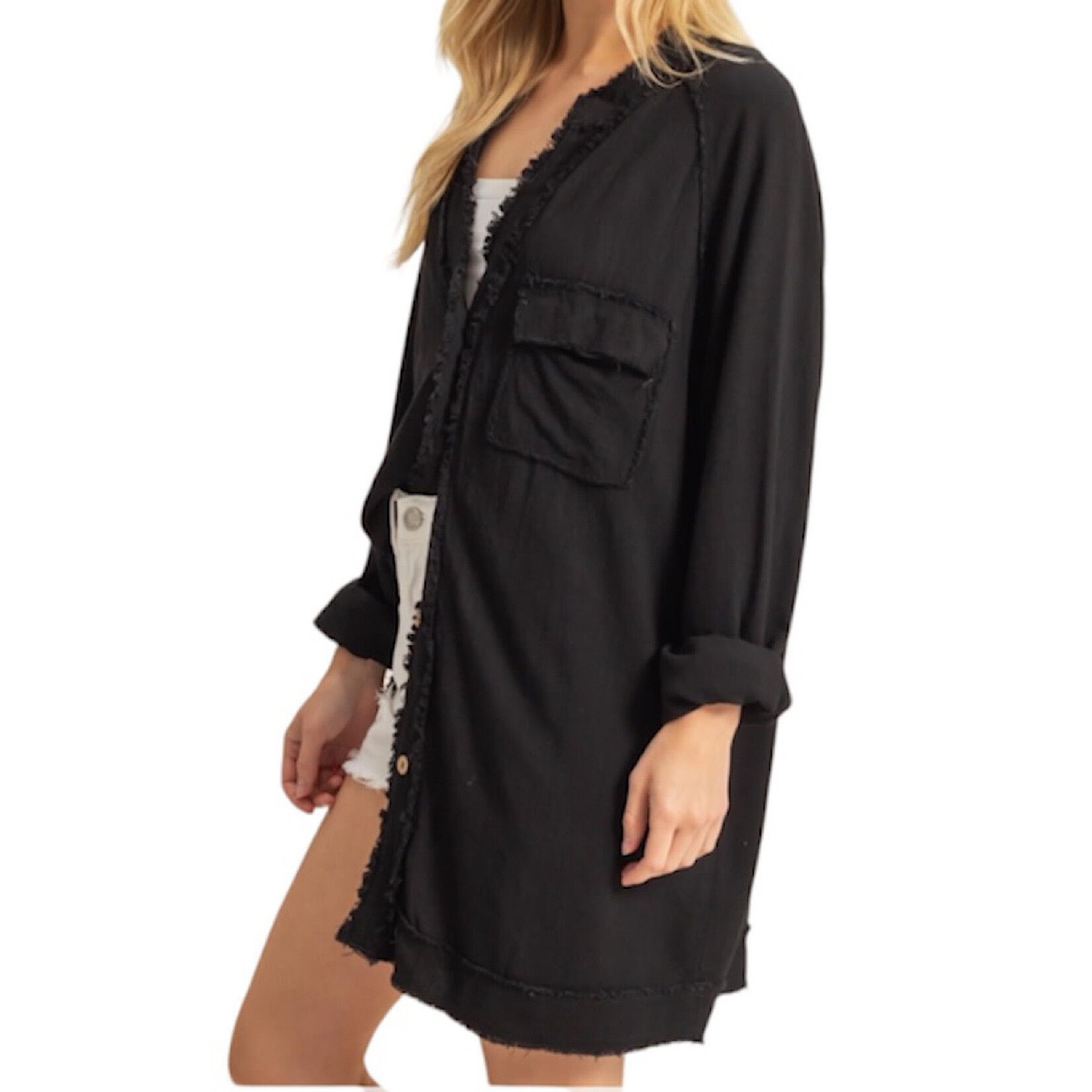 Black Double Gauze Raw Edge V-Neck Tunic Top