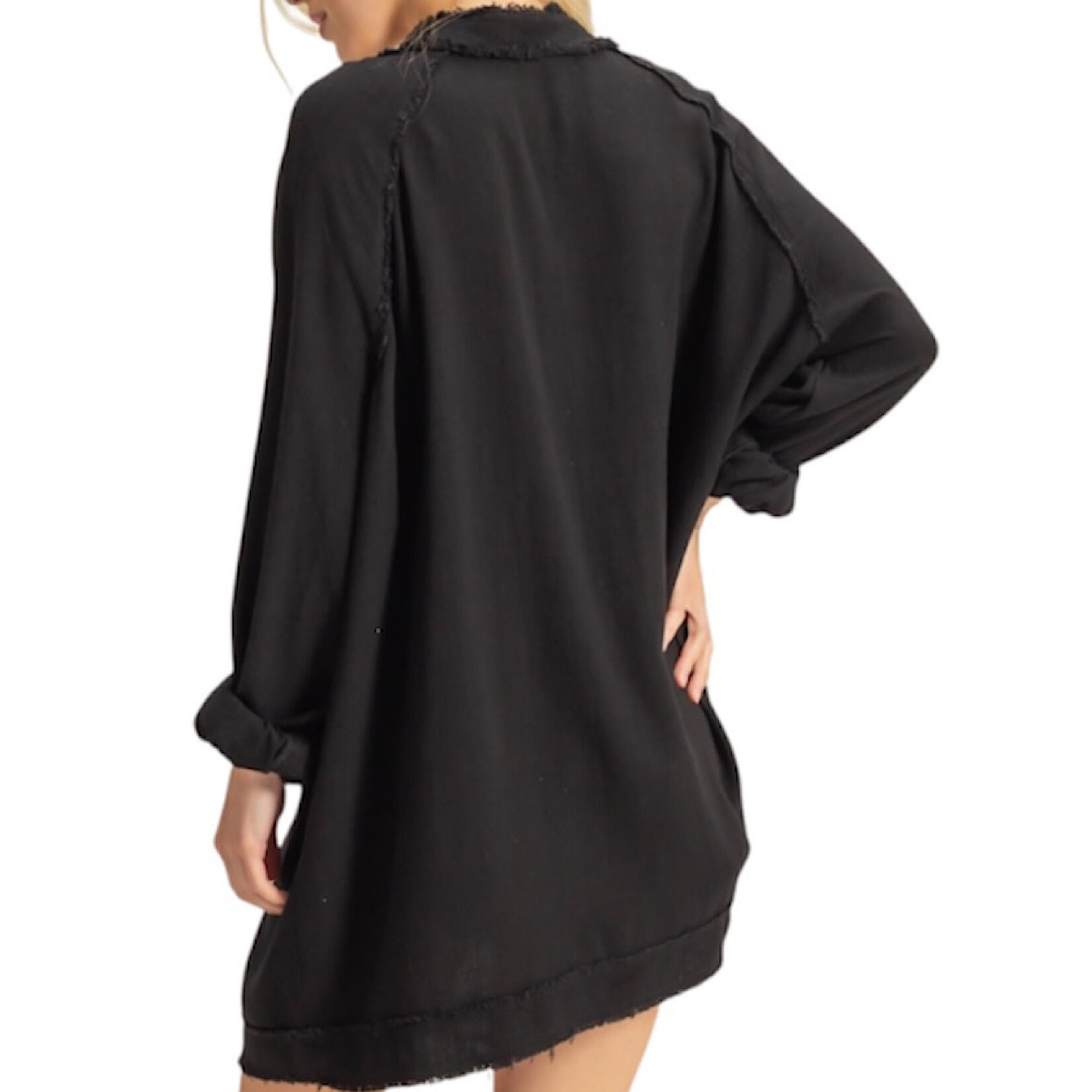 Black Double Gauze Raw Edge V-Neck Tunic Top