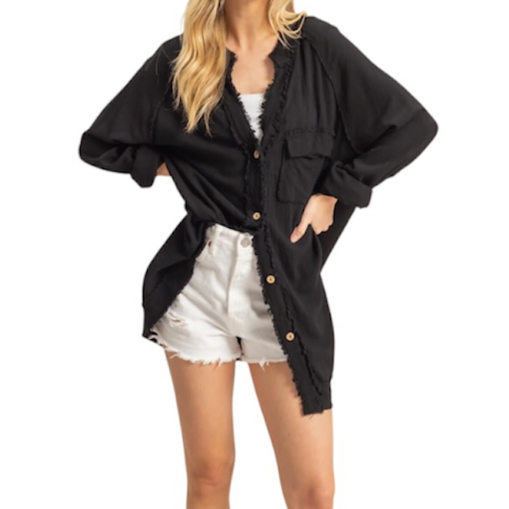 Black Double Gauze Raw Edge V-Neck Tunic Top