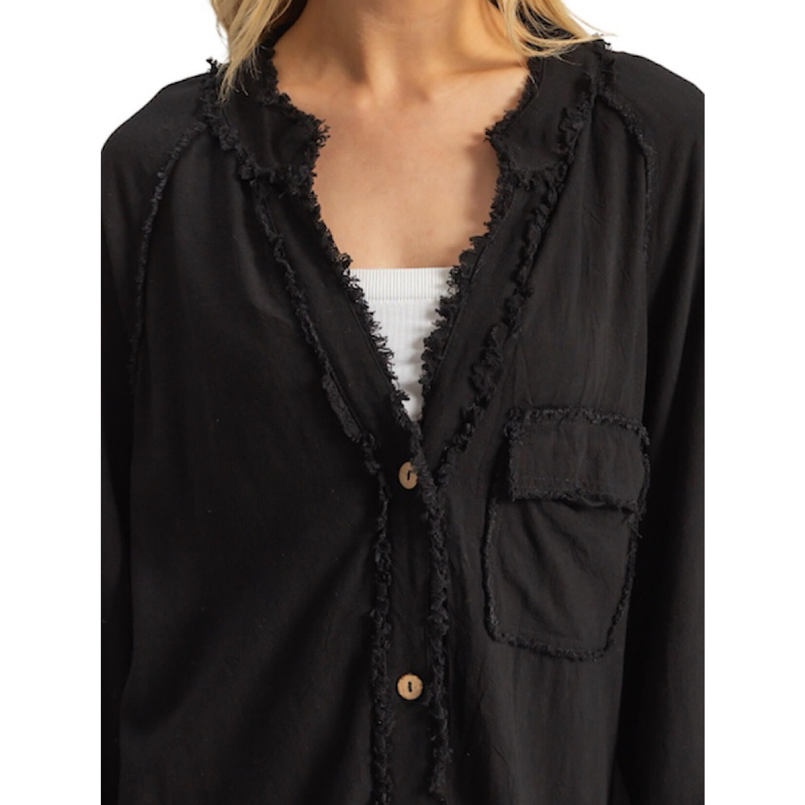 Black Double Gauze Raw Edge V-Neck Tunic Top