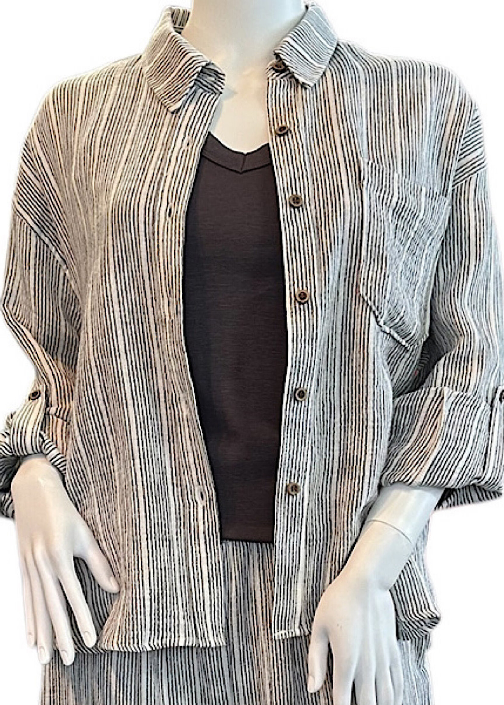 Charcoal Gauze Button Up Top with Roll Up Sleeves