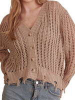 Mocha Crochet Knit Button Front Cardigan with Raw Hem